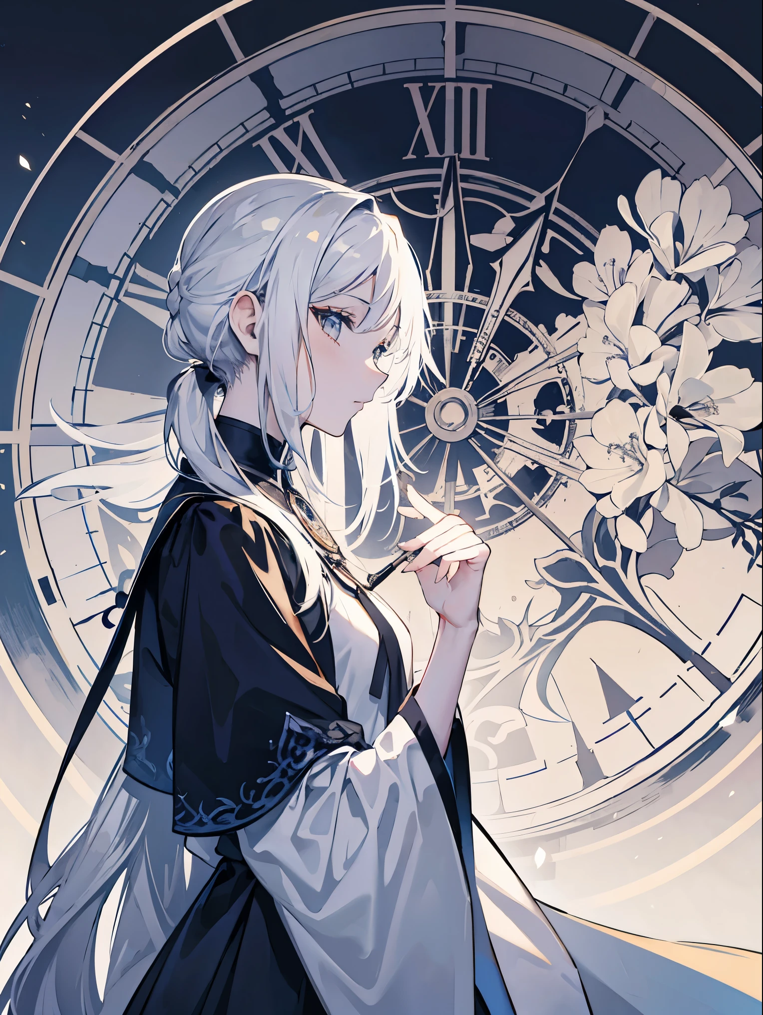 masterpiece, acura, 1 girl, alone, mage dress, White hair in a long ponytail, close-up of profile, flower line drawing background, Clock background, monochrome, line drawing, looking at the viewer, gray eyes, thinking pose ((sketch))