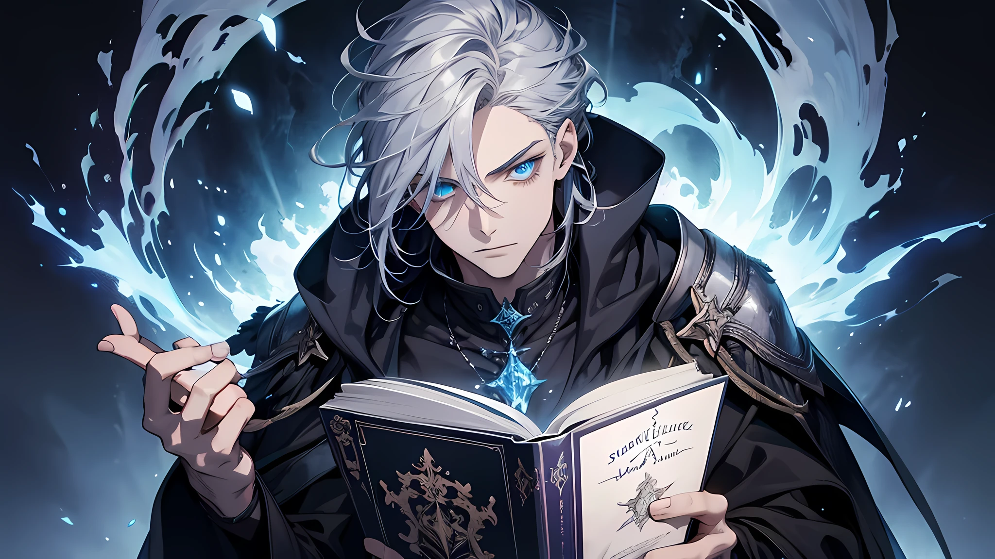 {[{{"Magnificent dark atmosphere, Being in a magical world, 4k artwork of man with gray hair and glowing blue eyes, Reading a spellbook."}]}}, perfect eyes, perfect face, perfect body, detaield face, detailed eyes
