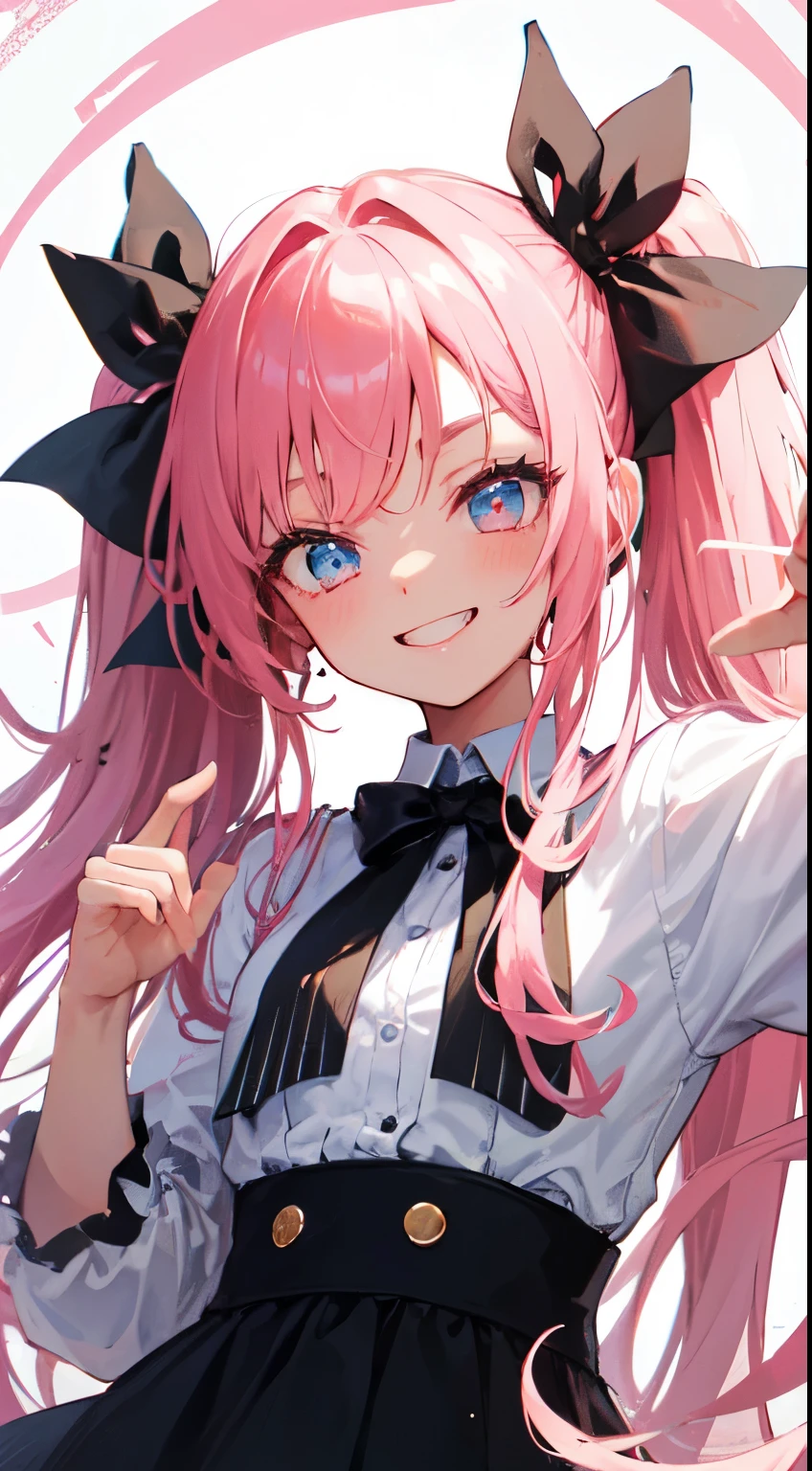 1 girl、hairstyle twin tails、I have a black ribbon in my hair、high school girl、Department of clothing mines、 face、hair color pink、inner light blue、eye color pink、fineっ子、Bright 、fine、Eyes wide open、fine、Sick Kawa、Menhera、sick type、hair color pink、pretty girl、front、healthy、whole body、frontむく、fine、Saucy顔、eyebrows、high resolution、creation、pure white background、fine、eyebrows、Saucy、laughing、smug face、whole body写ってる、fine、smile、smile、look forward、fine、Saucy、hair color pink、hair color twintails、Vertical Roll、long hair
