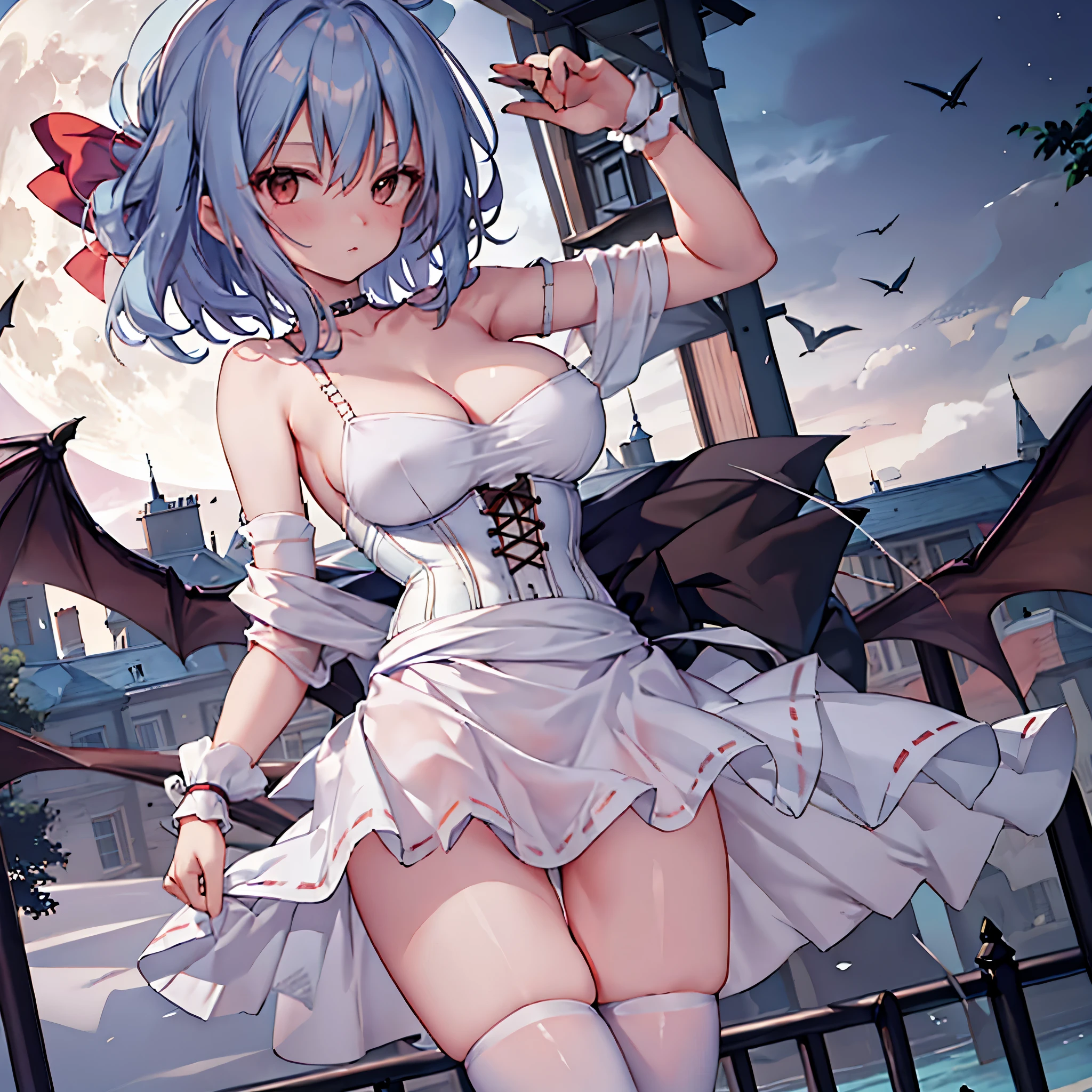 Remilia toho character, (solo:1.2), (standing on deck of mansion:1.1), a full moon, midnight, BREAK, short hair, collarbone, (very perky large breasts), (emphasize cleavage), (inconceivably thin waist:1.3), (very short thin torso:1.2), very long (thin legs), emphasize thigh gap, BREAK, (sheer white dress) with (plunging neckline:1.2), shoulder straps, (brown inconceivably wiry corset cinches waist too tight:1.5), frilled (too short white miniskirt), (light blue thighhighs), BREAK, nose blush