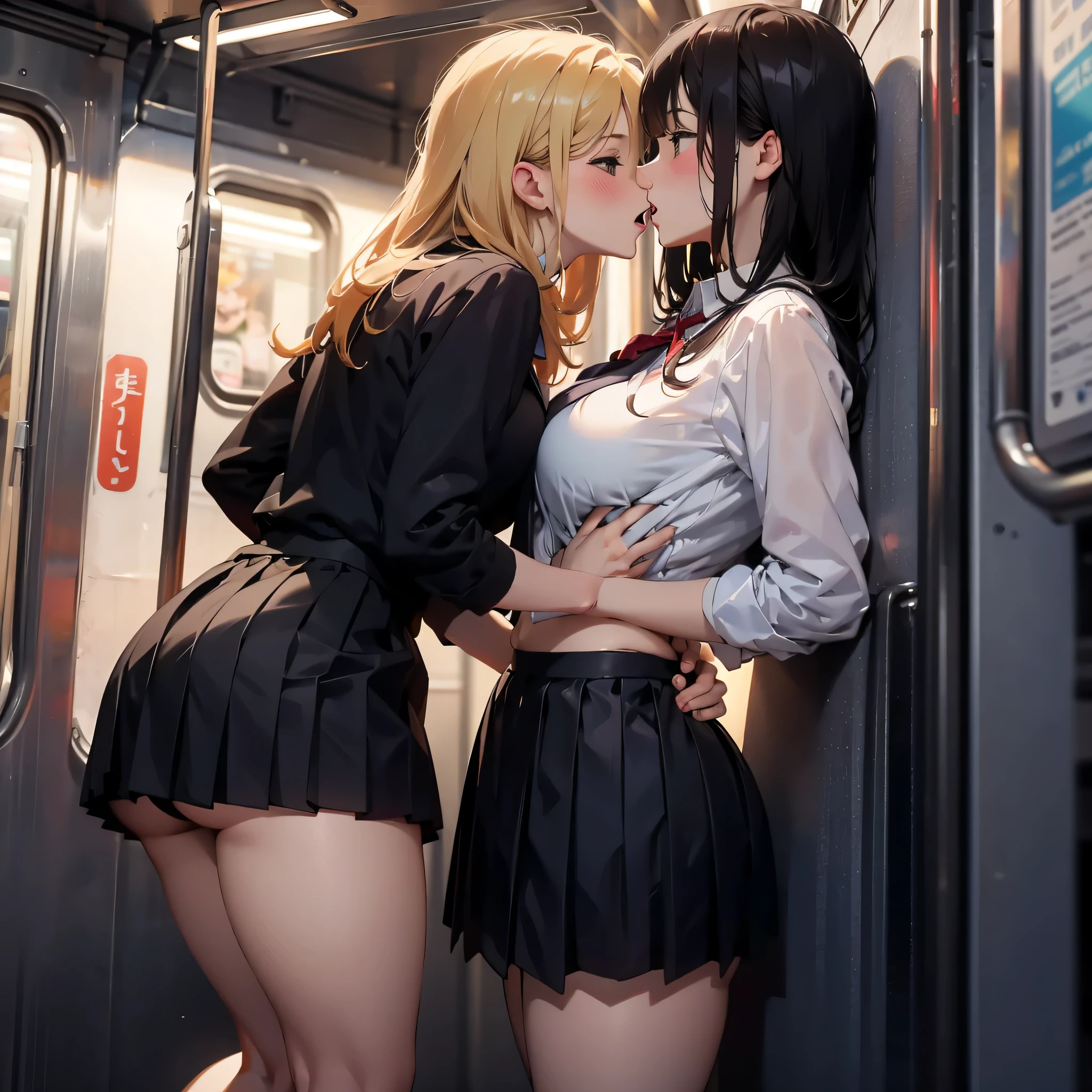 NSFW, photorealistic, top-quality, masterpiece, 4 Korean women , Korean female only, ABSOLUTELY NO MALE, absolutely no men, VERY crowded female only subway train interior detailed scenario, VERY crowded Korean female only subway train interior detailed background, standing insanely hot (woman 1) using sexy ((school uniform)), (((lifted skirt)), (thick thighs), (fear expression), blushed face, (woman 2) sexy young, blond hair, confused look, mature woman ass groping woman 1 from behind, woman 2 touches woman 1 vagina, young woman 2 caressing woman 1 legs, wet kiss, lesbian kiss, (((mature woman pressing her chest on woman 1 back))) and (((holding her waist behind her)))