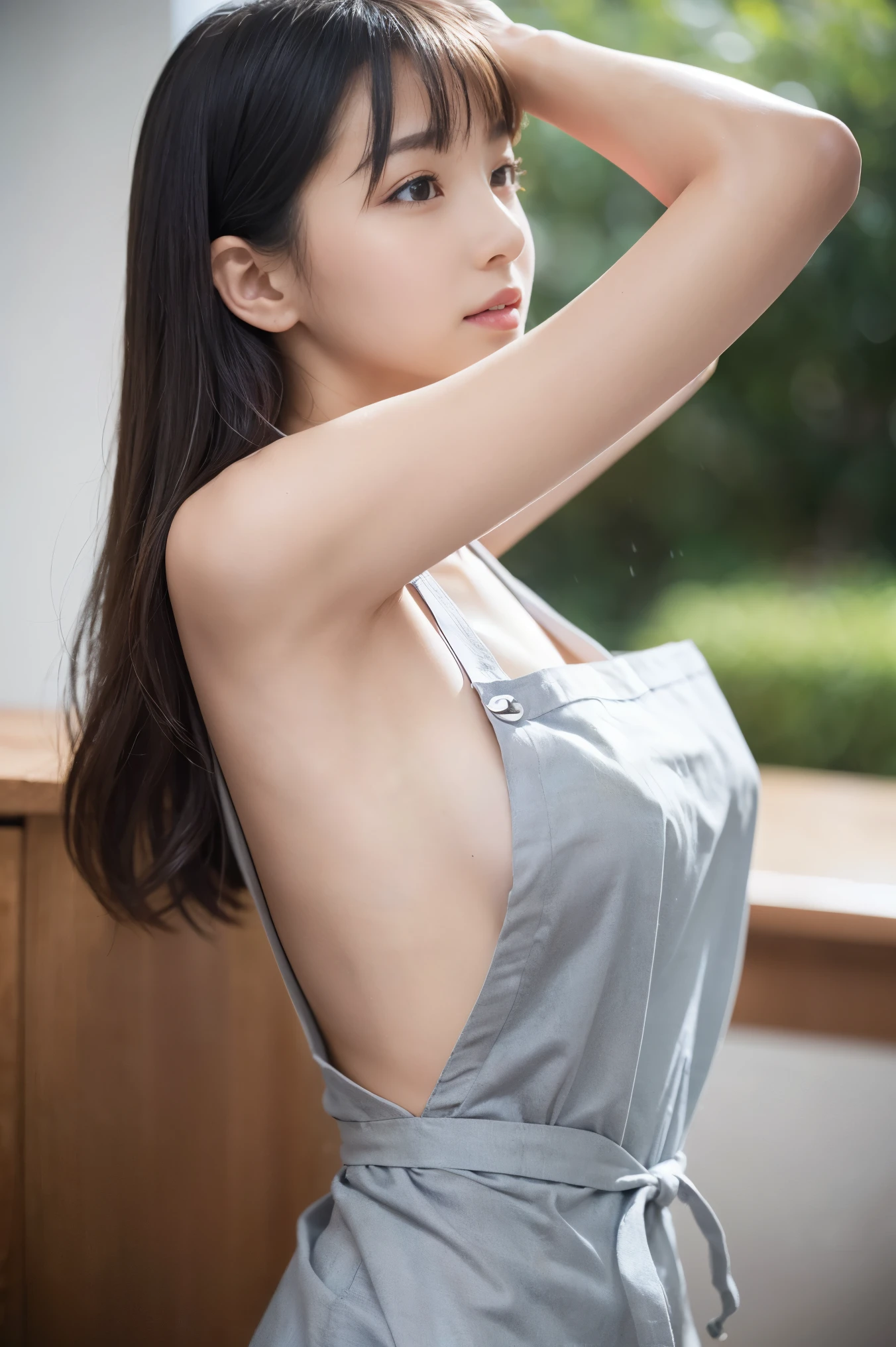 (((extra large apron、baggy apron、Photographed from a side angle、My chest is visible through the gap in the armpit.)))、(realistic、Photoreal、super detailed、best detailed skins、highest quality、masterpiece、Super high resolution)、japanese woman、、high school girl、have bangs、double eyelid、big black eyes、small breasts、Bust 82 cm、Waist 57cm、Hips 85cm
