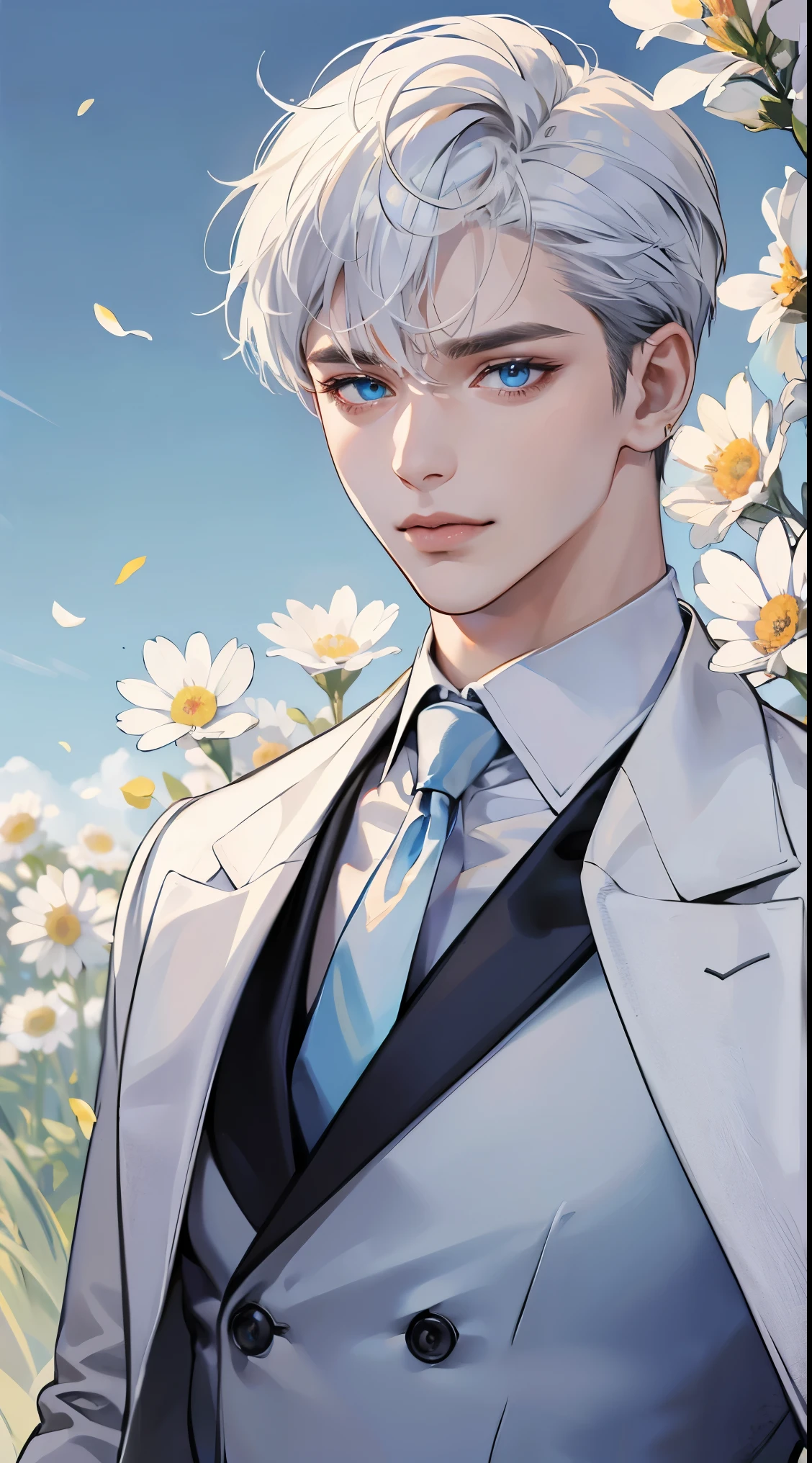 ((masterpiece)),(((best quality))), (detailed light) (detailed shadow), (high quality, breathtaking),(expressive eyes, perfect face), 1man, solo, male, tall, (mature), board shoulder, muscular, short Platinum hair, side swep bangs, blue eyes, smiling, white suit, white tie, daisy flower background, flower petal flying, windy, look at viewer, one ear earing.