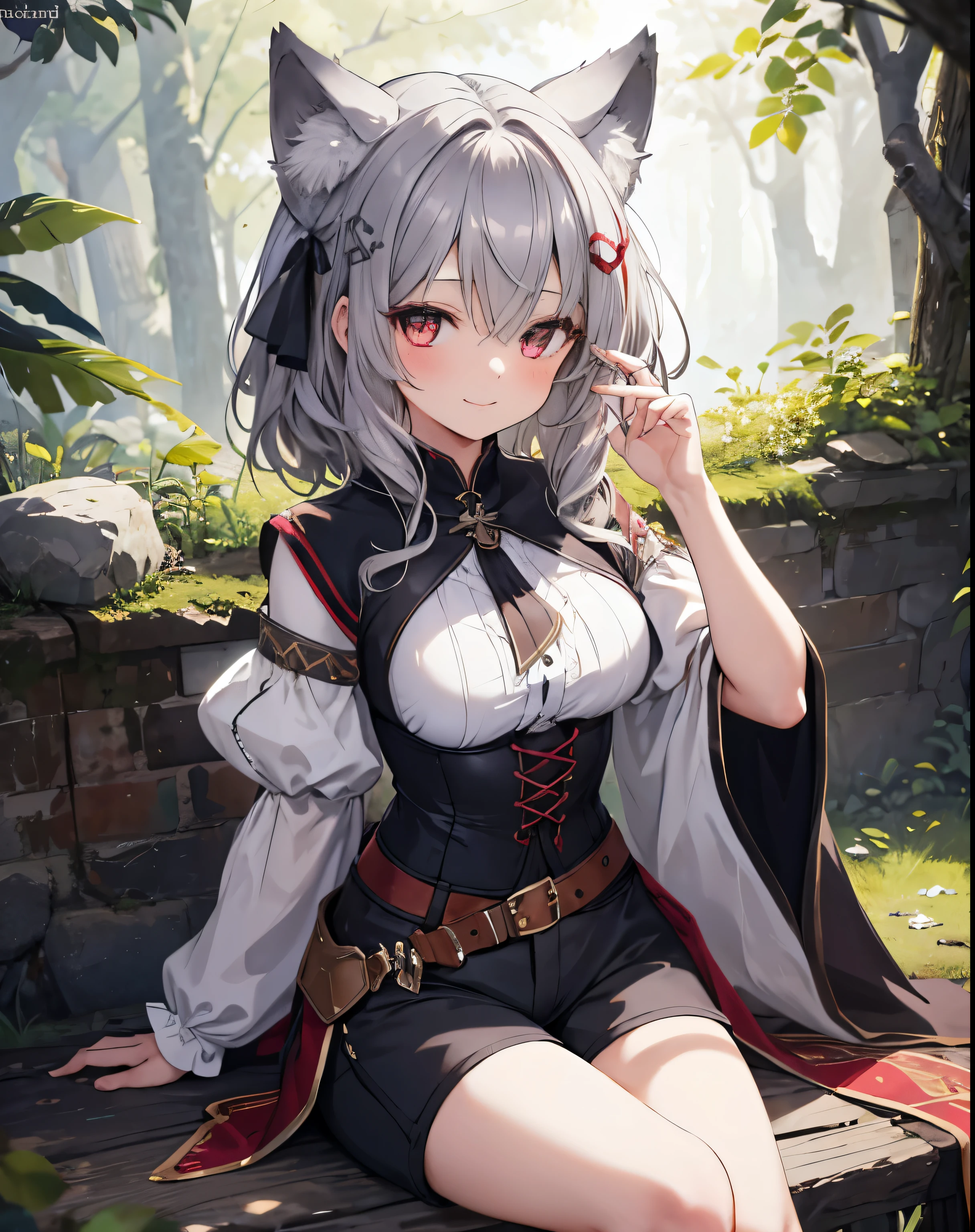 masterpiece,1girl, sparrow, a dark silver haired girl, wearing a medieval european villager clothes, curly medium hair, messy hair, lether shorts, slim body, medium breasts, she close her left eye, shirt ornament, lolippai, hair ribbon, naughty smile, beautiful breasts, rounded breasts, crimson eye, she is wolf girl, she sit at the forest, wolf ears