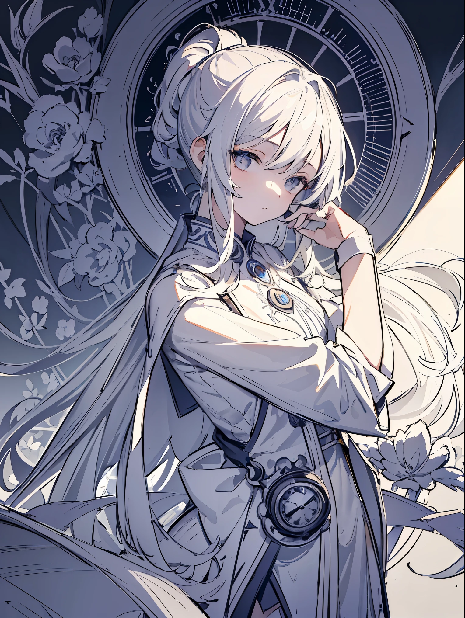 masterpiece, acura, 1 girl, alone, mage dress, White hair in a long ponytail, Front up, flower line drawing background, Clock background, monochrome, line drawing, looking at the viewer, gray eyes, thinking pose ((sketch))