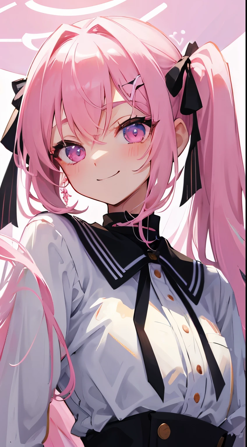 1 girl、hairstyle twin tails、I have a black ribbon in my hair、high school girl、Department of clothing mines、 face、hair color pink、inner light blue、eye color pink、fineっ子、Bright 、fine、Eyes wide open、fine、Sick Kawa、Menhera、sick type、hair color pink、pretty girl、front、healthy、whole body、frontむく、fine、Saucy顔、eyebrows、high resolution、creation、pure white background、fine、eyebrows、Saucy、laughing、smug face、whole body写ってる、fine、smile、smile、look forward、fine、Saucy、hair color pink、hair color twintails、Vertical Roll、long hair、hair color pinkインナー黒