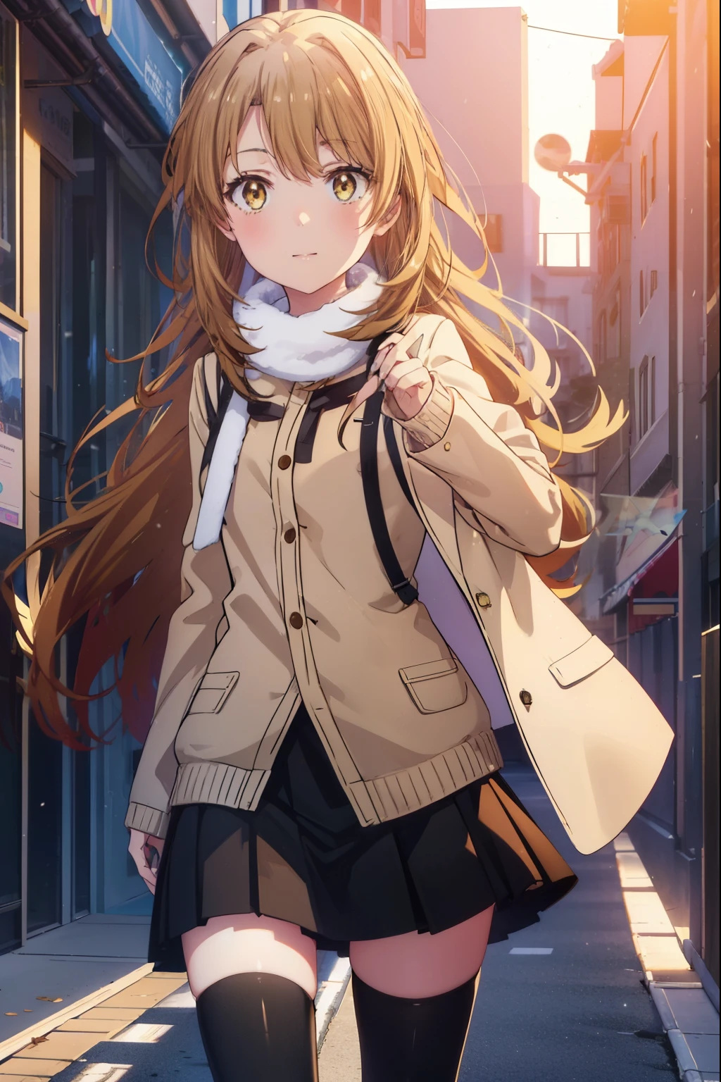 irohaisshiki, Isshiki Iroha, long hair, brown hair, (brown eyes:1.5), smile,blush,yellow long coat,sweater,red muffler,black long skirt,black tights,short boots,winter,It&#39;s snowing,
break outdoors, In town,building street,
break looking at viewer,
break (masterpiece:1.2), highest quality, High resolution, unity 8k wallpaper, (figure:0.8), (beautiful and fine eyes:1.6), highly detailed face, perfect lighting, Very detailed CG, (perfect hands, perfect anatomy),