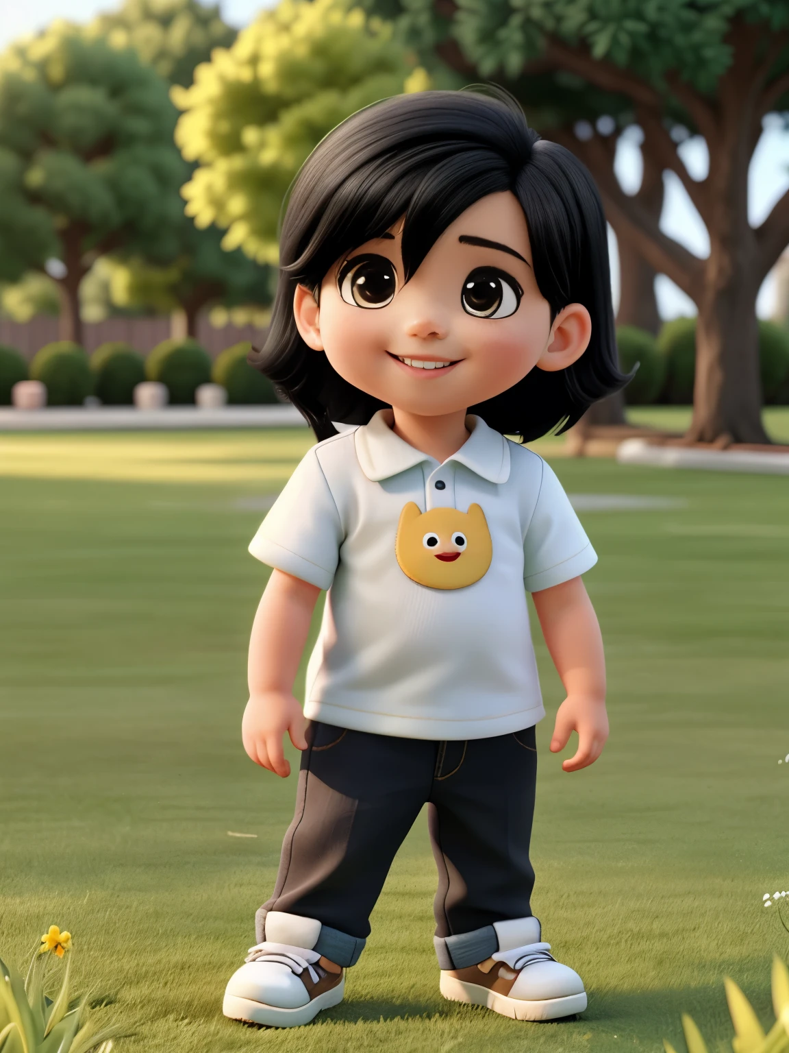 One year old baby sitting on the grass black hair smiling