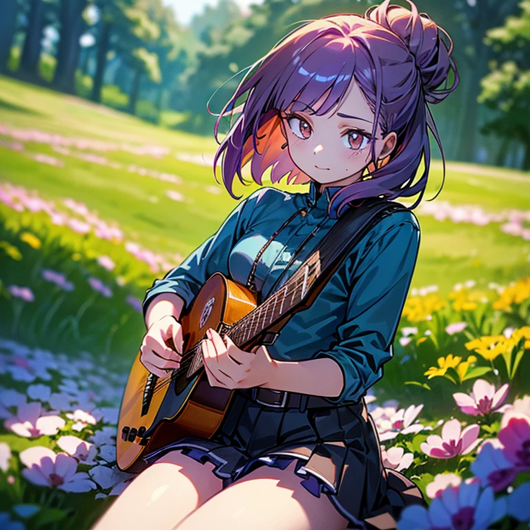 highest quality,High resolution,masterpiece,Two dimensions,young girl,cute,small breasts,bun hair,thin hair,short bob,(Curled bristles),purple hair,I braided part of my bangs,glowing orange eyes,narrow eyes,
BREAK Vulcan blouse, frilled mini skirt, playing Guitar, more detailed:1.5
BREAK (depth of field), outdoors, Hill with Spring Flowers, sitting on woody bench
BREAK dynamic angle, cowboy shot, natural lighting, bloom, wide shot, looking away