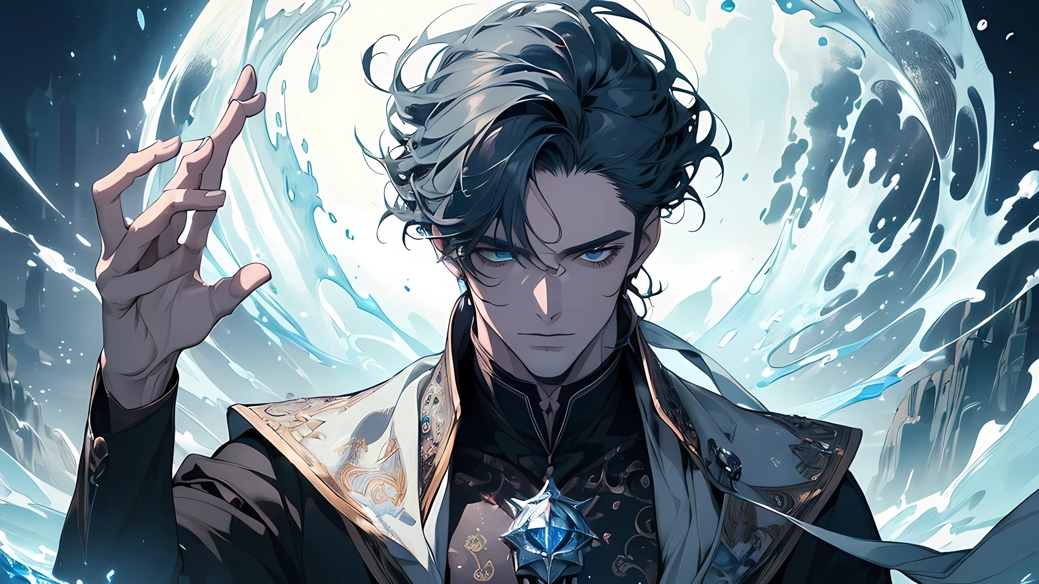 (masterpiece, best quality:1.4),(absurdres, highres, ultra detailed:1.2), (1 handsome man:1.4),(using dark magic:1.4),water magic,playful illustrations, imaginative overlays, artistic fusion,fantastical scenes, evocative narratives, striking visuals, upper body, there is ice ball in hand, perfect face, perfect body, detailed eyes