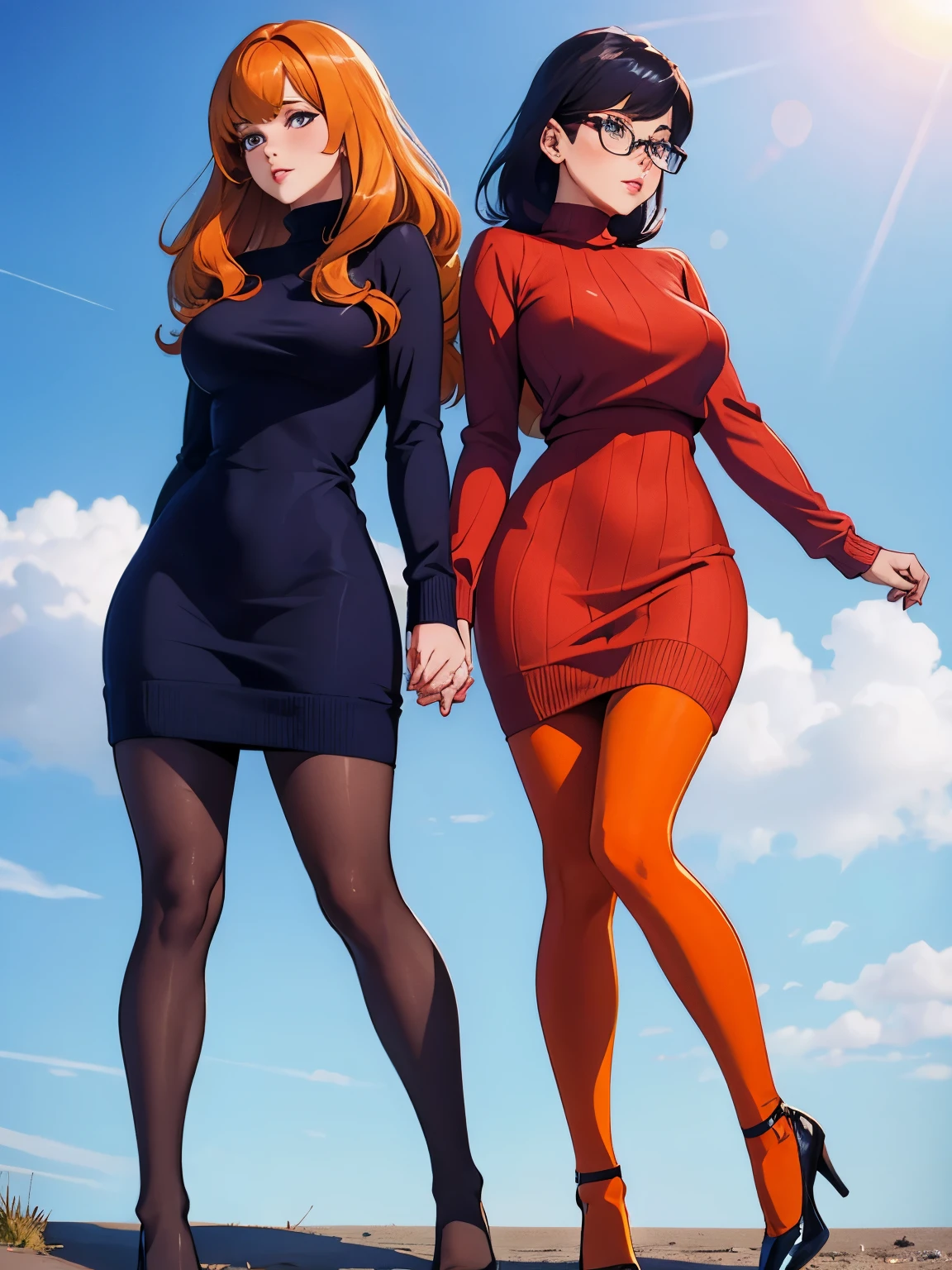 Show entire body, feet in view, Velma and Daphne, sweater dresses, both wearing pantyhose, kissing