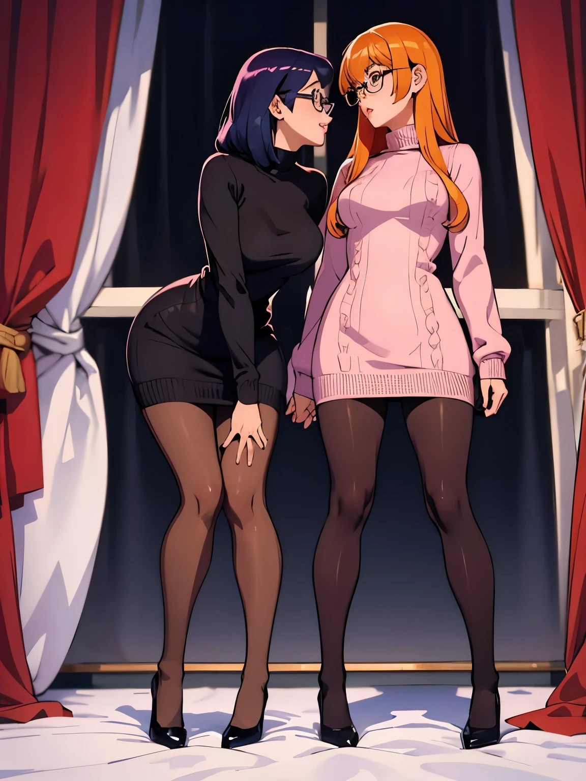 Show entire body, feet in view, Velma and Daphne, sweater dresses, both wearing pantyhose, kissing