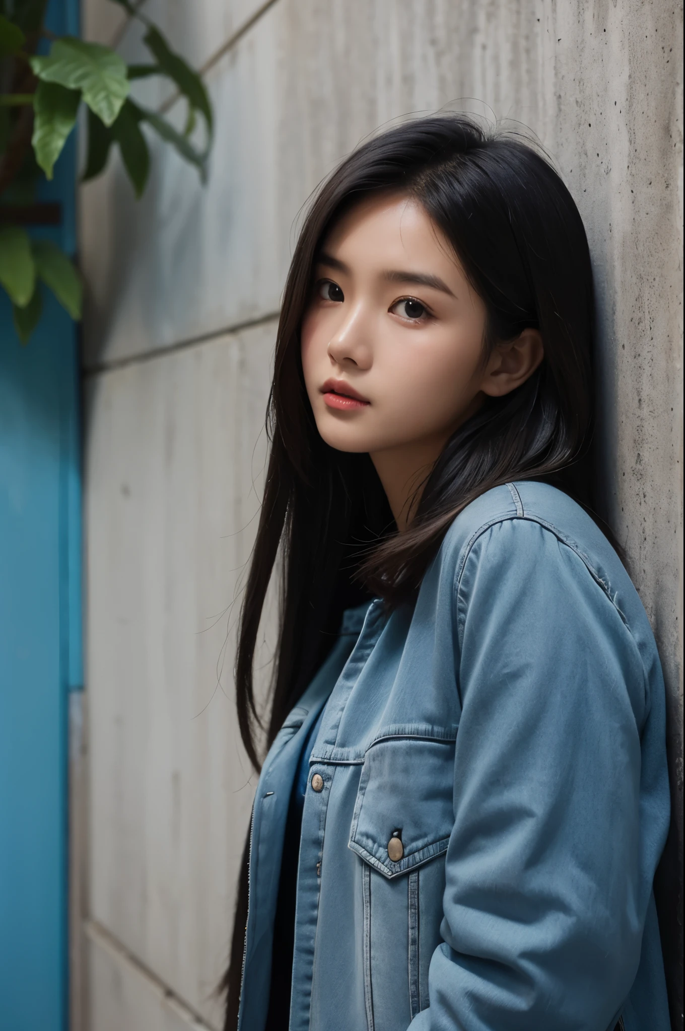 An indonesian beautiful girl in blue jacket against wall, close-up of face, side light