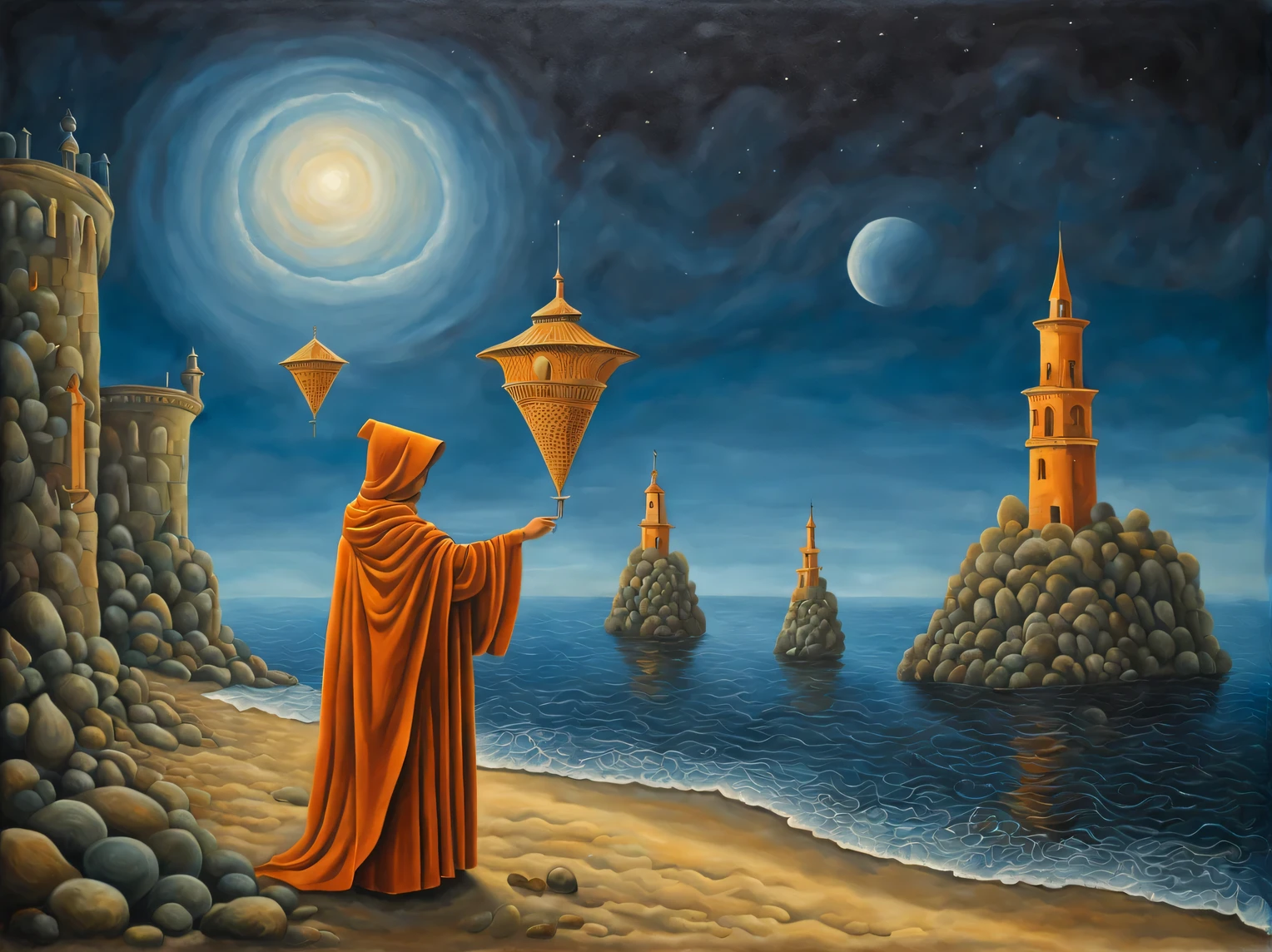 oil painting on canvas, inspired by artist Rob Gonsalves, inspired by the artist Remedios Varo., An ancient Roman senator came on vacation to the Black Sea and brought his droid with him, a high resolution, high contrast, high detail, a high resolution, Mixing styles