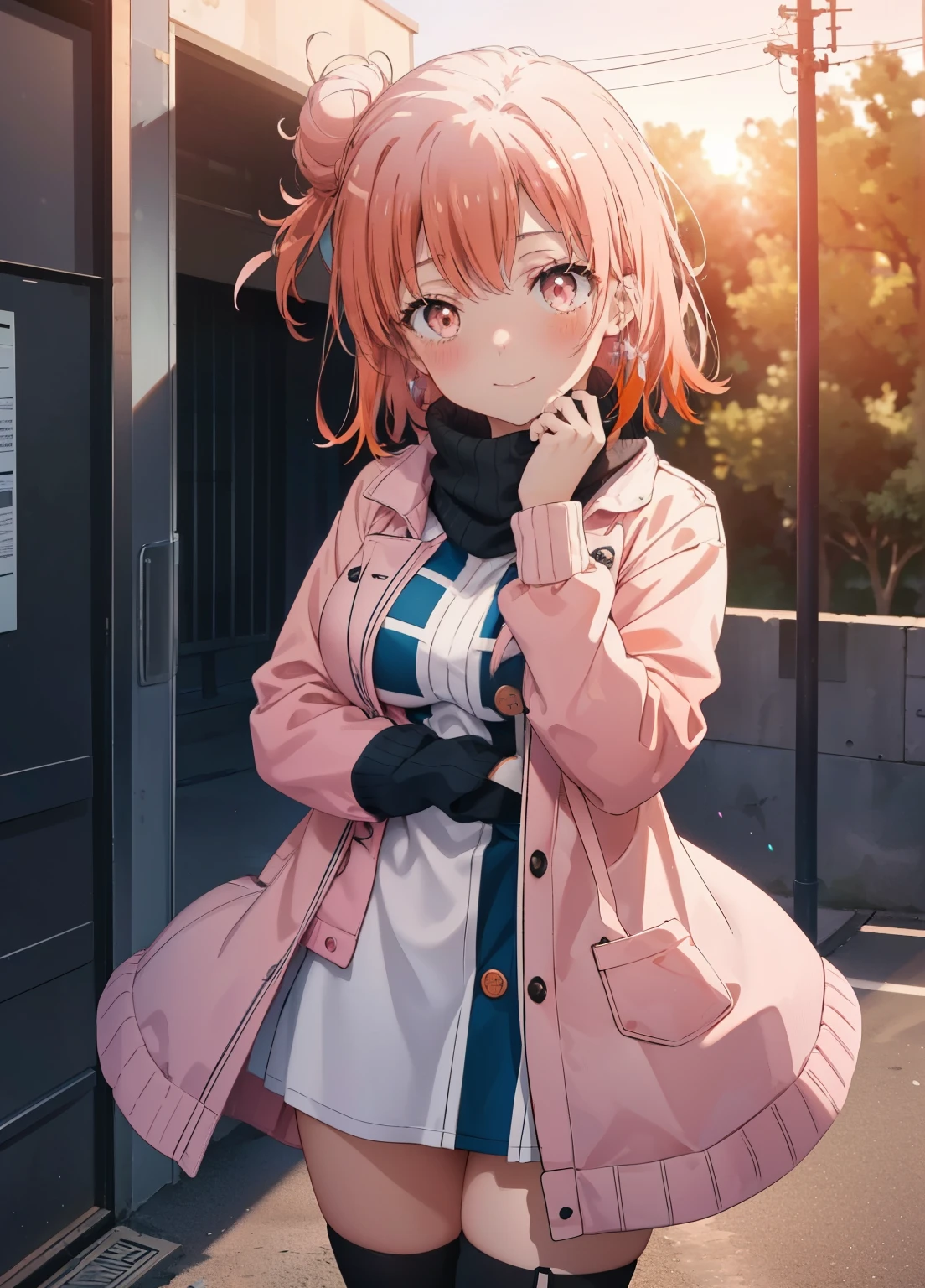 yuiyuigahama, yui yuigahama, long hair, (pink eyes:1.5), (orange hair:1.2), bun hair, single bun hair,blush, smile, (big breasts:1.2),red muffler,Pink long coat　Open the button,white sweater,Short Band,black knee high socks,short boots,evening,sunset,
break outdoors,city,building street,
break looking at viewer,whole body,peek from above, (cowboy shot:1.5),
break (masterpiece:1.2), highest quality, High resolution, unity 8k wallpaper, (shape:0.8), (beautiful and detailed eyes:1.6), highly detailed face, perfect lighting, Very detailed CG, (perfect hands, perfect anatomy),