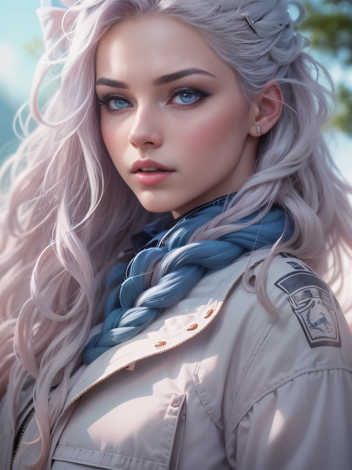 photorealistic, high resolution, 1 beautiful female, beautiful blue eyes, braided white hair, joyful, military fashion streetwear, dynamic pose, background nature, dramatic, chromatic aberration.