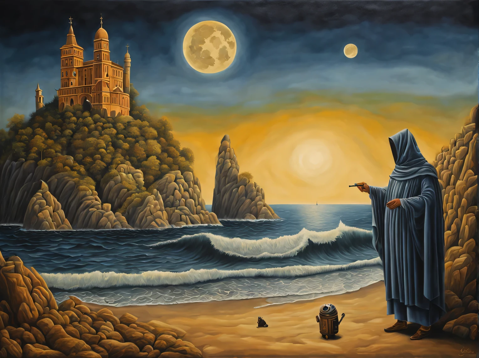 oil painting on canvas, inspired by artist Rob Gonsalves, inspired by the artist Remedios Varo., An ancient Roman senator came on vacation to the Black Sea and brought his droid with him, a high resolution, high contrast, high detail, a high resolution, Mixing styles