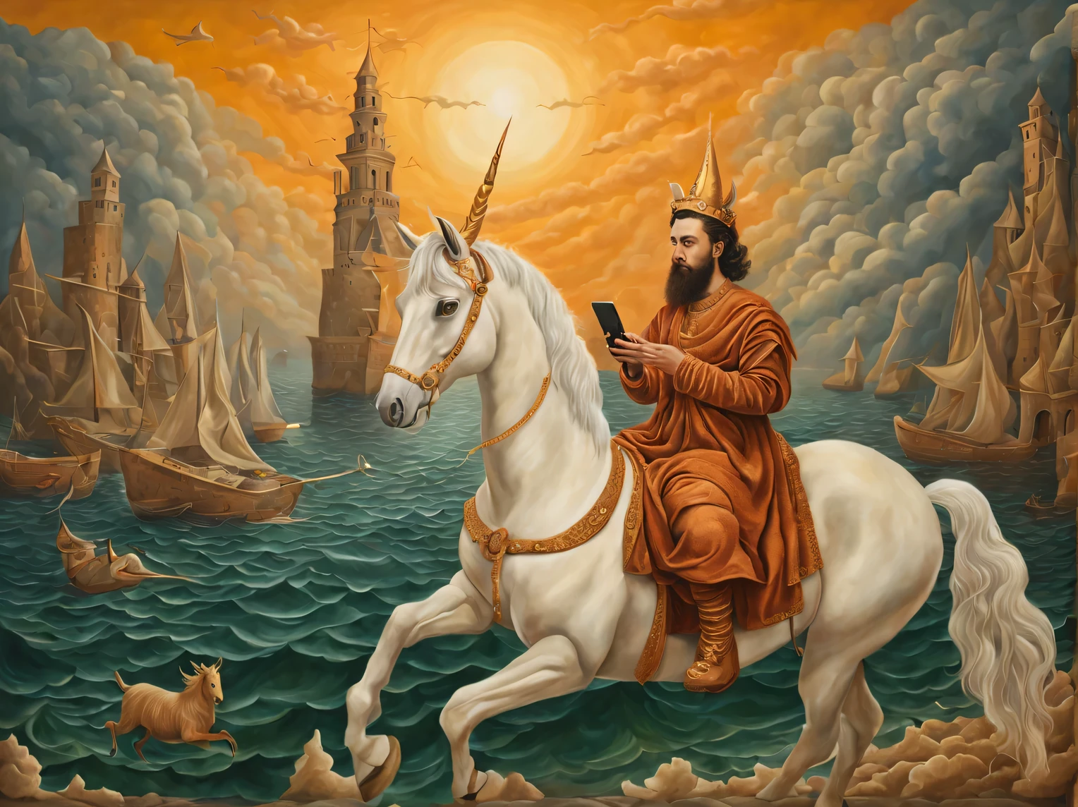 oil painting on canvas, inspired by artist Rob Gonsalves, inspired by the artist Remedios Varo., An ancient Roman commander rides a unicorn on vacation to the Black Sea and carries a smartphone with him, a high resolution, high contrast, high detail, a high resolution, Mixing styles