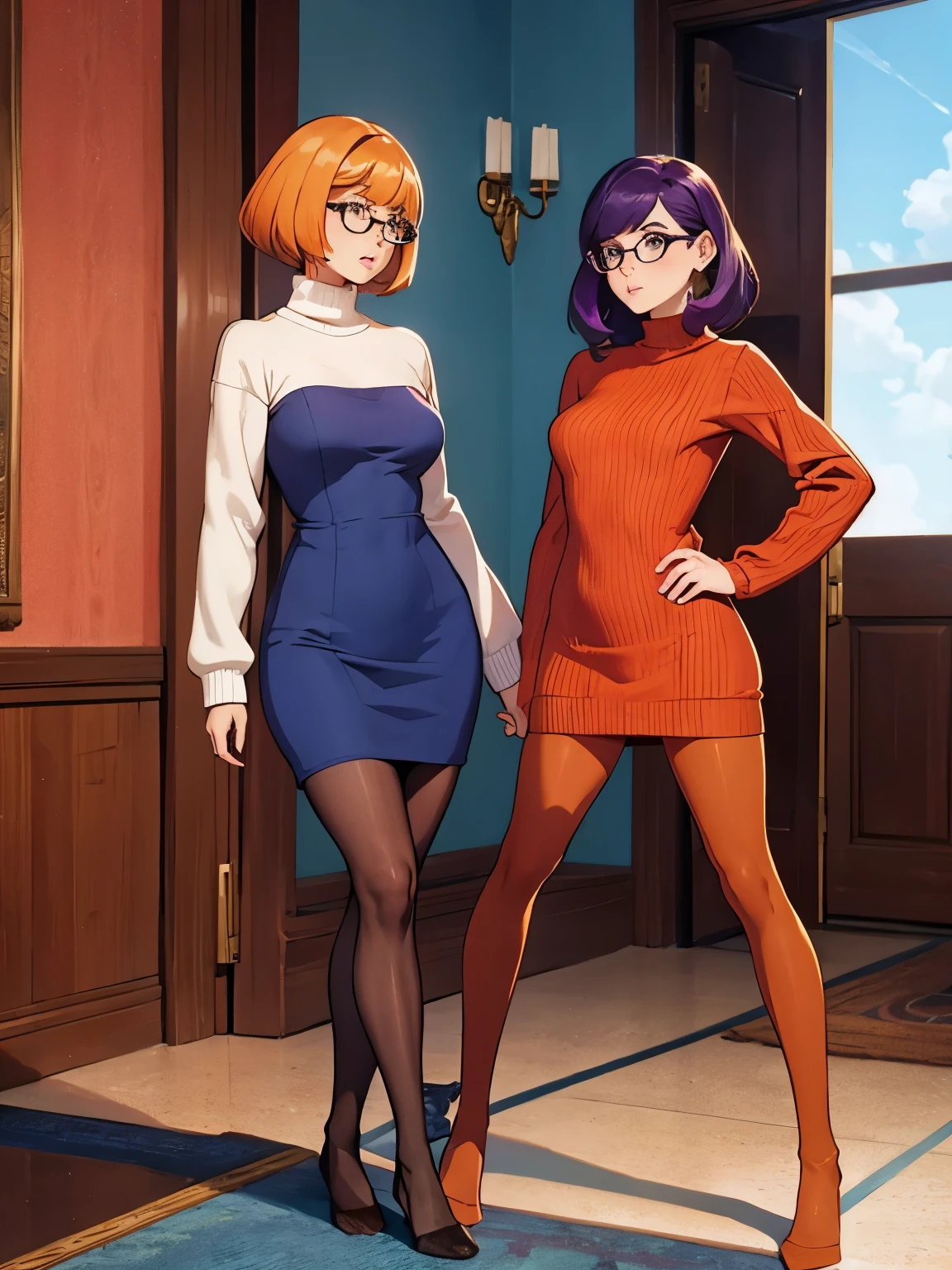 Show entire body, feet in view, Velma and Daphne, sweater dresses, both wearing pantyhose, no shoes, kissing