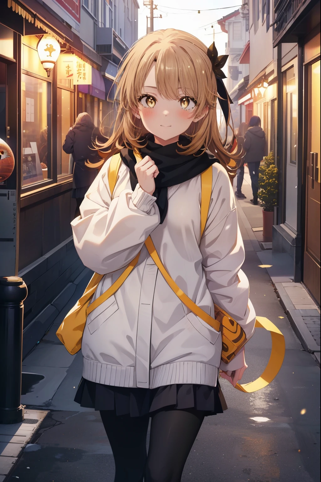 irohaisshiki, Isshiki Iroha, long hair, brown hair, (brown eyes:1.5), smile,blush,yellow long coat,sweater,red muffler,black long skirt,black tights,short boots,winter,It&#39;s snowing,
break outdoors, In town,building street,
break looking at viewer,
break (masterpiece:1.2), highest quality, High resolution, unity 8k wallpaper, (figure:0.8), (beautiful and fine eyes:1.6), highly detailed face, perfect lighting, Very detailed CG, (perfect hands, perfect anatomy),