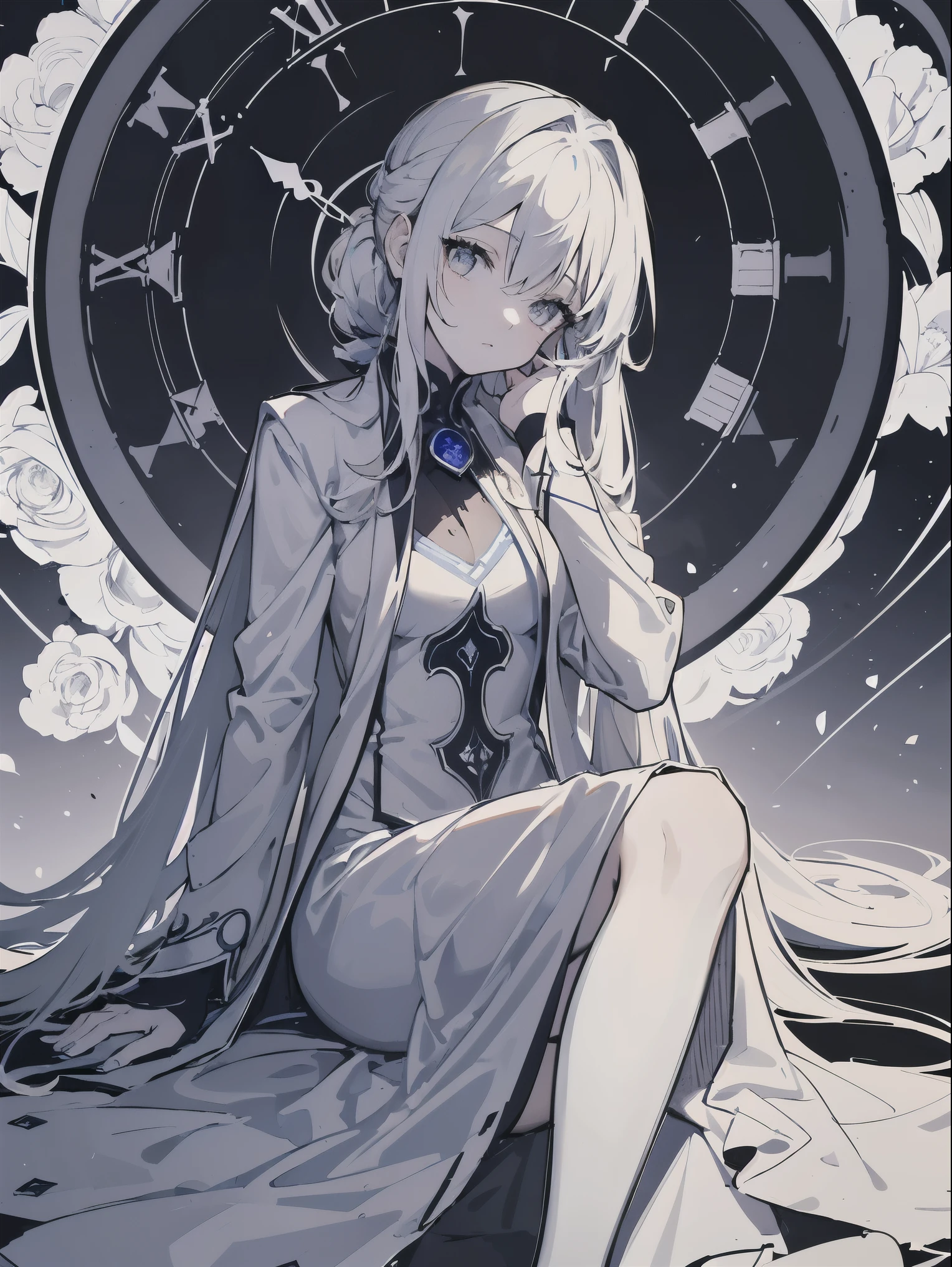 masterpiece, acura, 1 girl, alone, mage dress, White hair in a long ponytail, Front up, flower line drawing background, Clock background, monochrome, line drawing, looking at the viewer, gray eyes, thinking pose ((sketch))