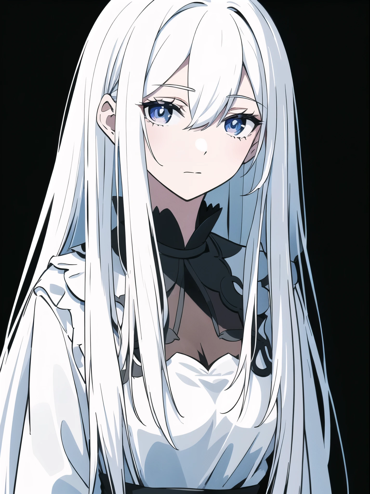 ((White hair)),((Head and Shoulders Image)),Sexy,A person,Alone,Simple style,pancake ,Simple details,Black background,Empty background,Black background wall,(20 year old woman),(Droopy hair),(White Gloves),(Evening Gown),(Lace Shirt),Lace,(confidence)