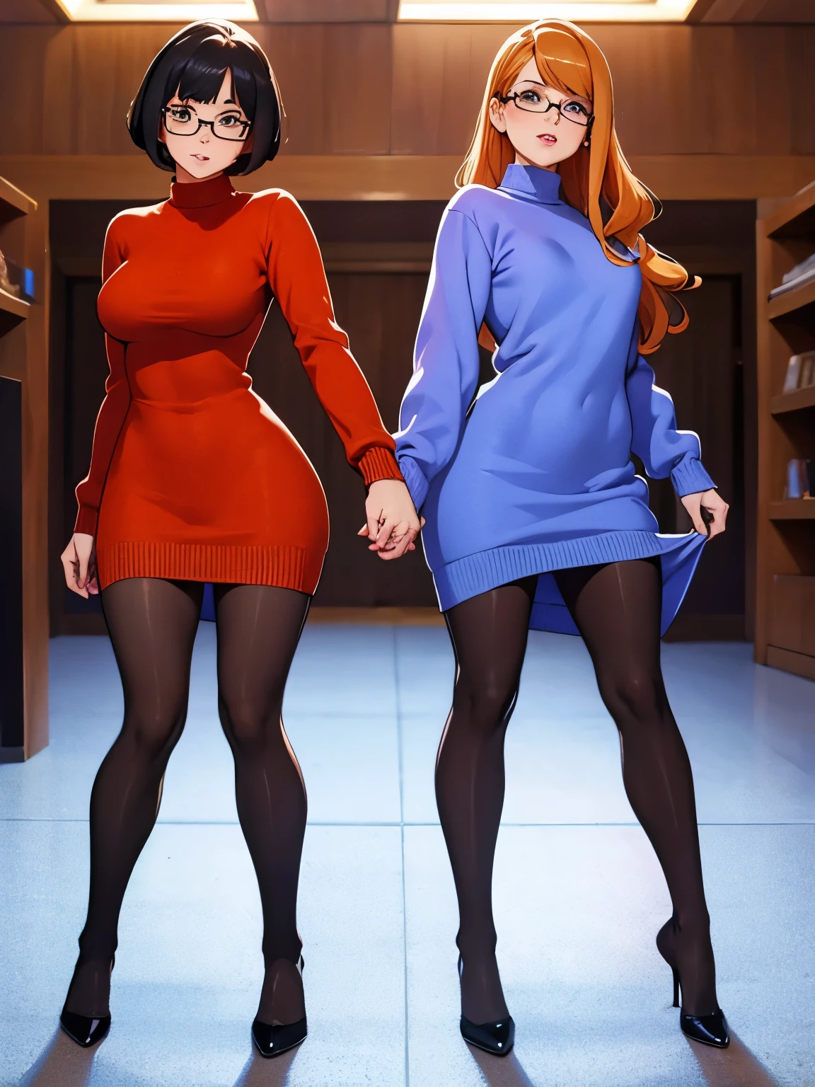 Show entire body, feet in view, Velma and Daphne, sweater dresses, both wearing pantyhose, no shoes, kissing