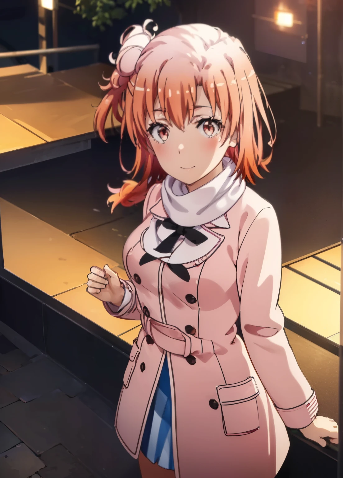 yuiyuigahama, yui yuigahama, long hair, (pink eyes:1.5), (orange hair:1.2), bun hair, single bun hair,blush, smile, (big breasts:1.2),red muffler,Pink long coat Open the button,white sweater,Short Band,black knee high socks,short boots,evening,sunset,
break outdoors,city,building street,
break looking at viewer,whole body,peek from above, (cowboy shot:1.5),
break (masterpiece:1.2), highest quality, High resolution, unity 8k wallpaper, (shape:0.8), (beautiful and detailed eyes:1.6), highly detailed face, perfect lighting, Very detailed CG, (perfect hands, perfect anatomy),