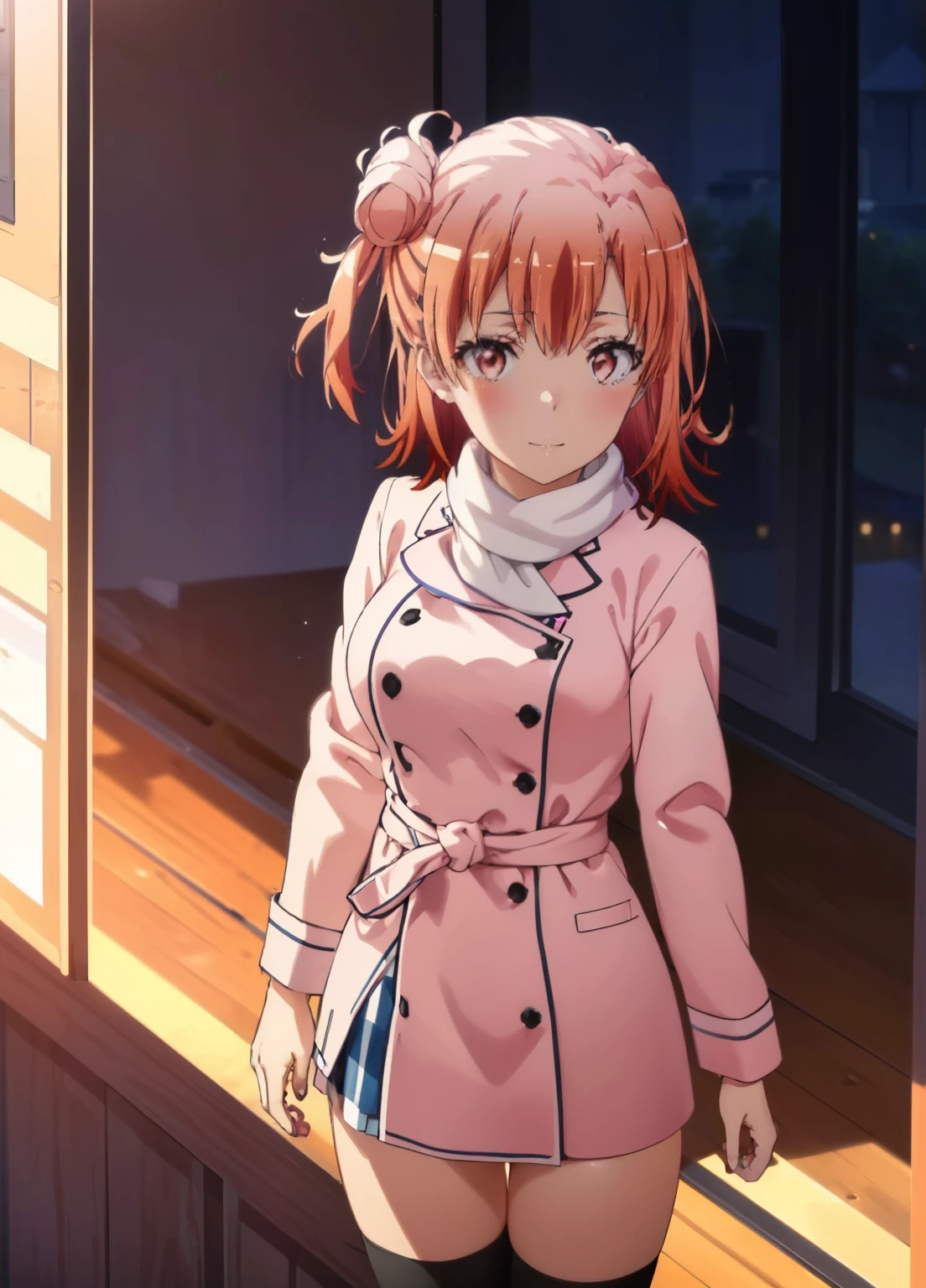 yuiyuigahama, yui yuigahama, long hair, (pink eyes:1.5), (orange hair:1.2), bun hair, single bun hair,blush, smile, (big breasts:1.2),red muffler,Pink long coat　Open the button,white sweater,Short Band,black knee high socks,short boots,evening,sunset,
break outdoors,city,building street,
break looking at viewer,whole body,peek from above, (cowboy shot:1.5),
break (masterpiece:1.2), highest quality, High resolution, unity 8k wallpaper, (shape:0.8), (beautiful and detailed eyes:1.6), highly detailed face, perfect lighting, Very detailed CG, (perfect hands, perfect anatomy),