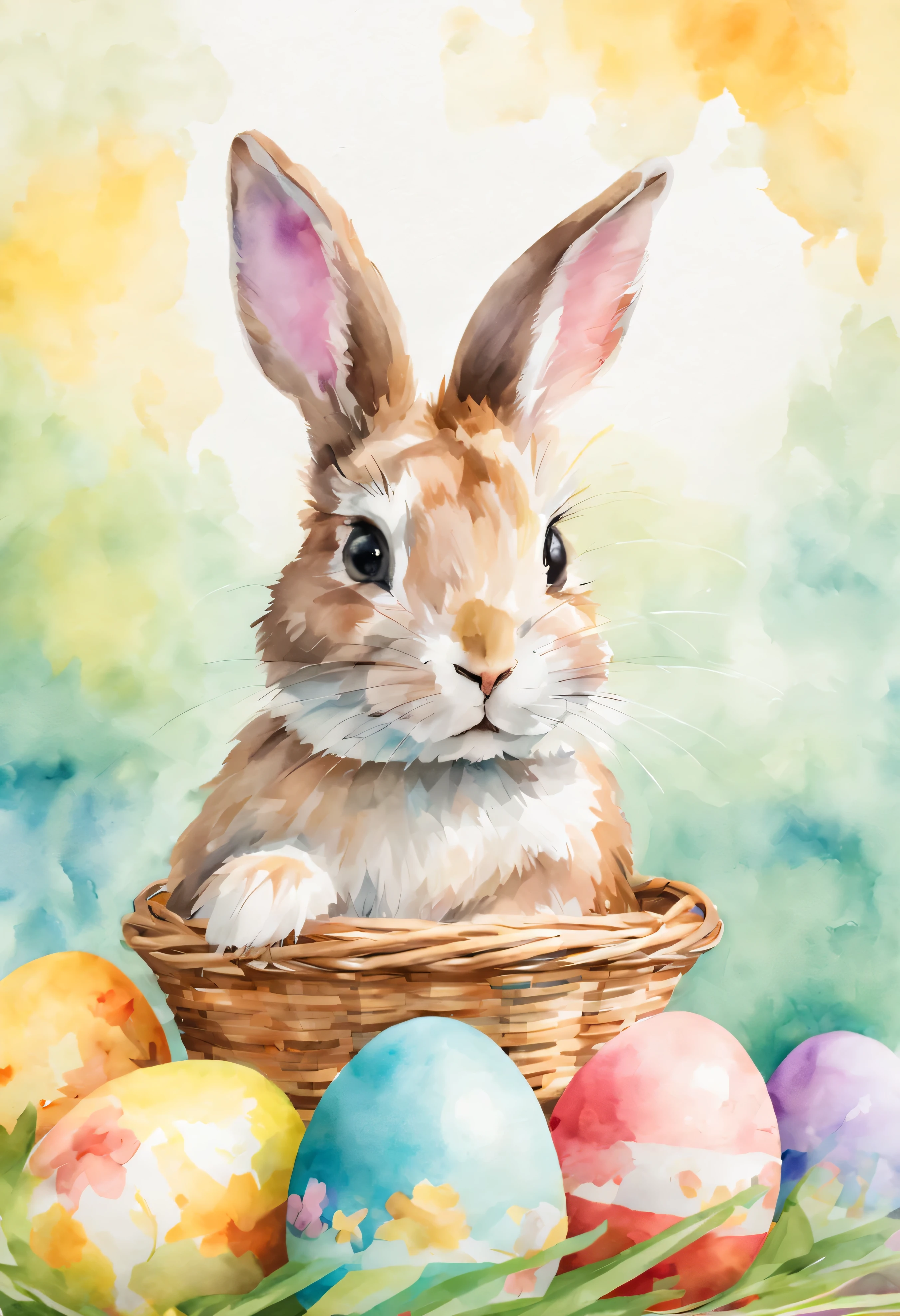Páscoa, Páscoa bunny holding a straw basket with painted Páscoa eggs inside in foreground, coelhinho bonito, fotografia, aquarela, aquarela style, aquarela painting