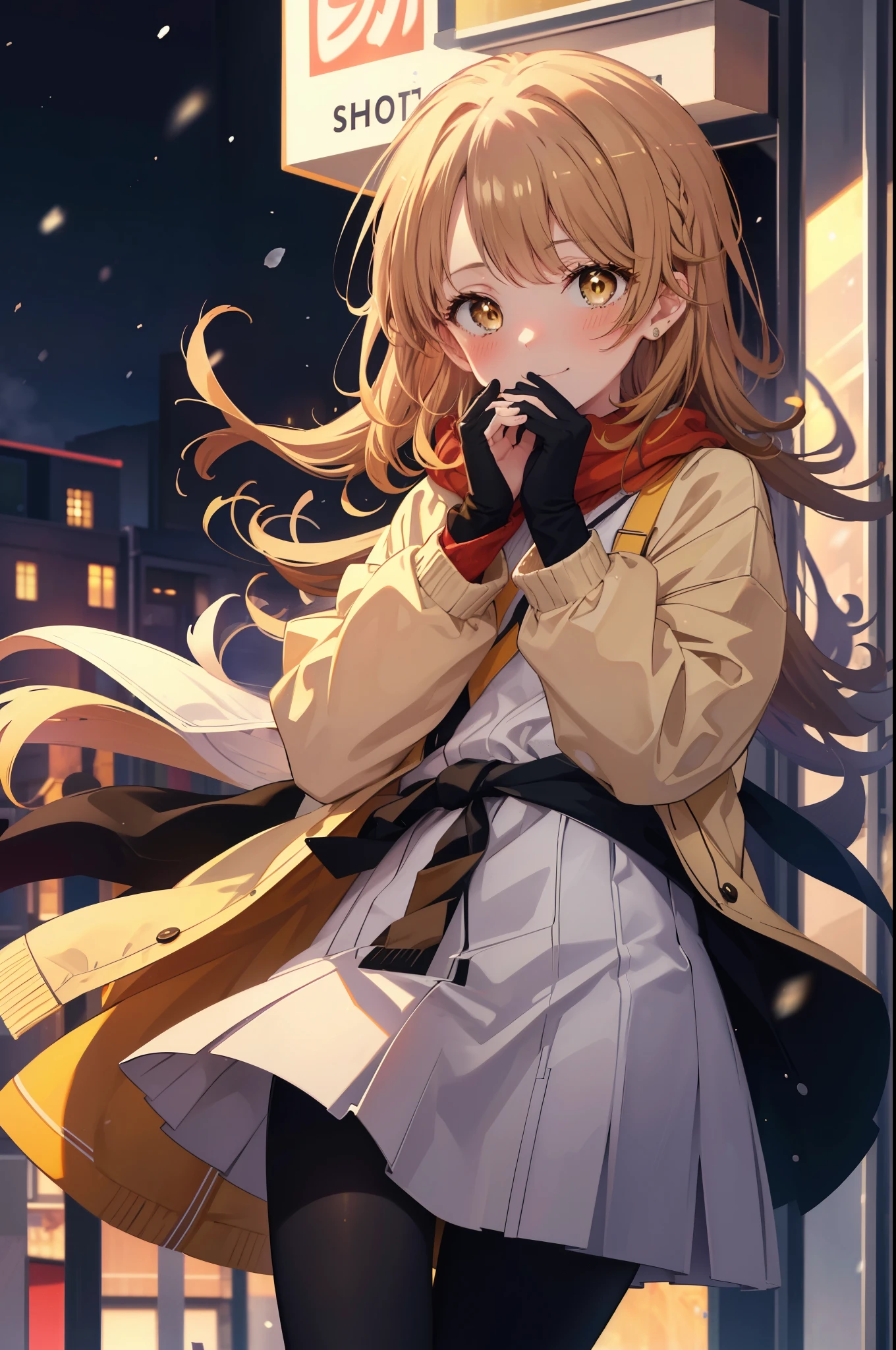 irohaisshiki, Isshiki Iroha, long hair, brown hair, (brown eyes:1.5), smile,blush,yellow long coat,sweater,red muffler,black long skirt,black tights,short boots,winter,It&#39;s snowing,
break outdoors, In town,building street,
break looking at viewer,
break (masterpiece:1.2), highest quality, High resolution, unity 8k wallpaper, (figure:0.8), (beautiful and fine eyes:1.6), highly detailed face, perfect lighting, Very detailed CG, (perfect hands, perfect anatomy),