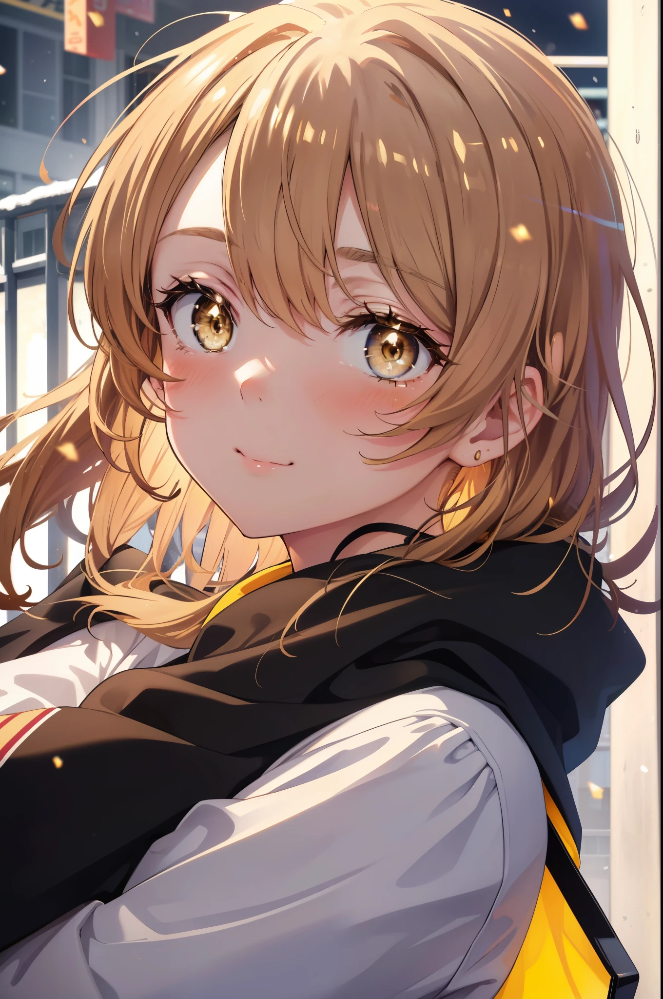 irohaisshiki, Isshiki Iroha, long hair, brown hair, (brown eyes:1.5), smile,blush,yellow long coat,sweater,red muffler,black long skirt,black tights,short boots,winter,It&#39;s snowing,
break outdoors, In town,building street,
break looking at viewer,
break (masterpiece:1.2), highest quality, High resolution, unity 8k wallpaper, (figure:0.8), (beautiful and fine eyes:1.6), highly detailed face, perfect lighting, Very detailed CG, (perfect hands, perfect anatomy),