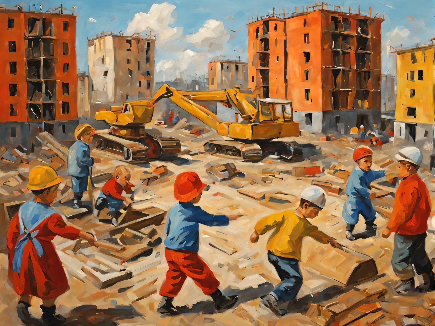 Oil painting on canvas in the style of artist Zoya Cherkasskaya-Nnadi., Soviet children playing at a construction site, a high resolution, high contrast, full compliance with the style of Zoya Cherkasskaya-Nnadi