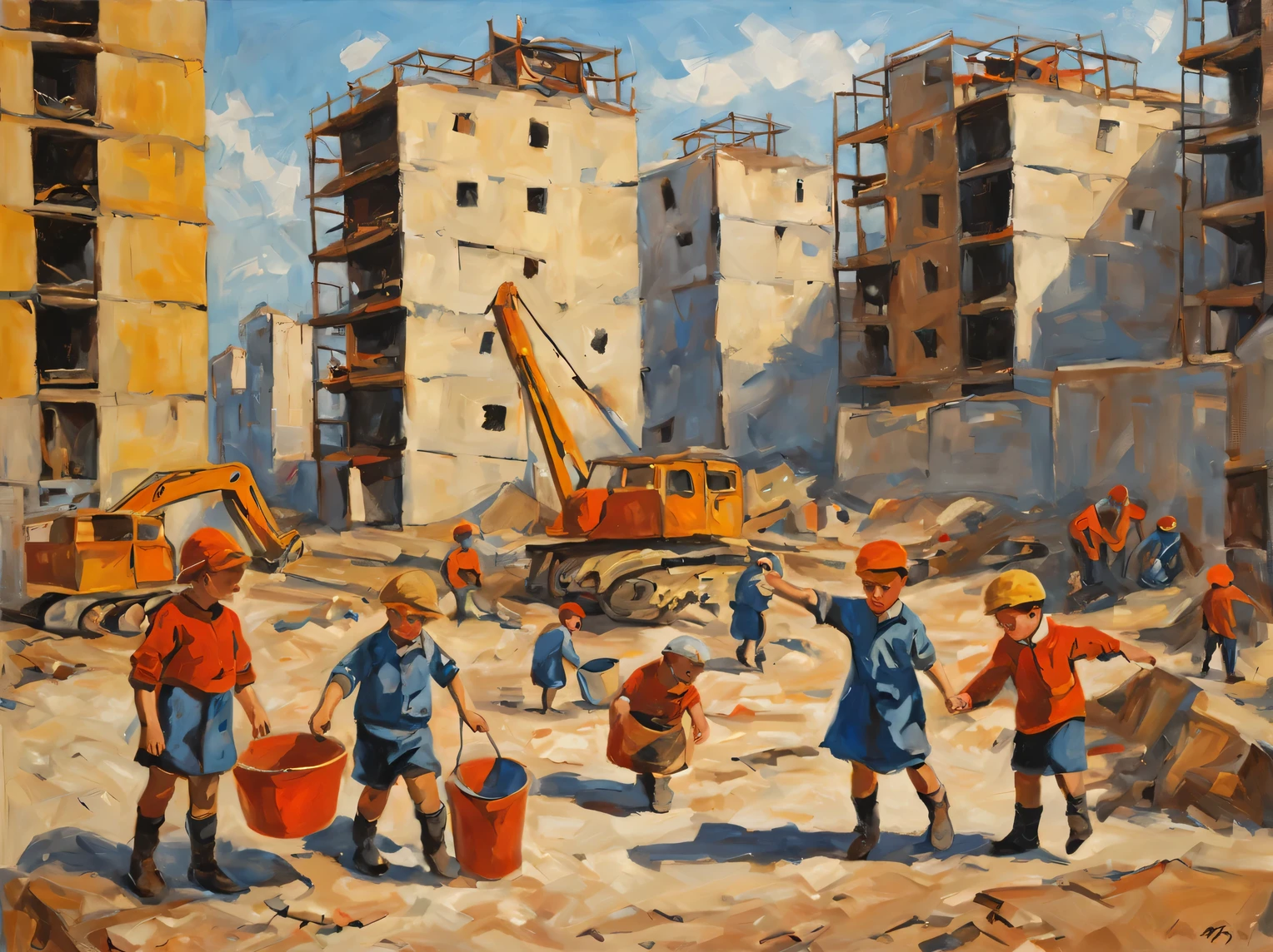 Oil painting on canvas in the style of artist Zoya Cherkasskaya-Nnadi., Soviet children playing at a construction site, a high resolution, high contrast, full compliance with the style of Zoya Cherkasskaya-Nnadi