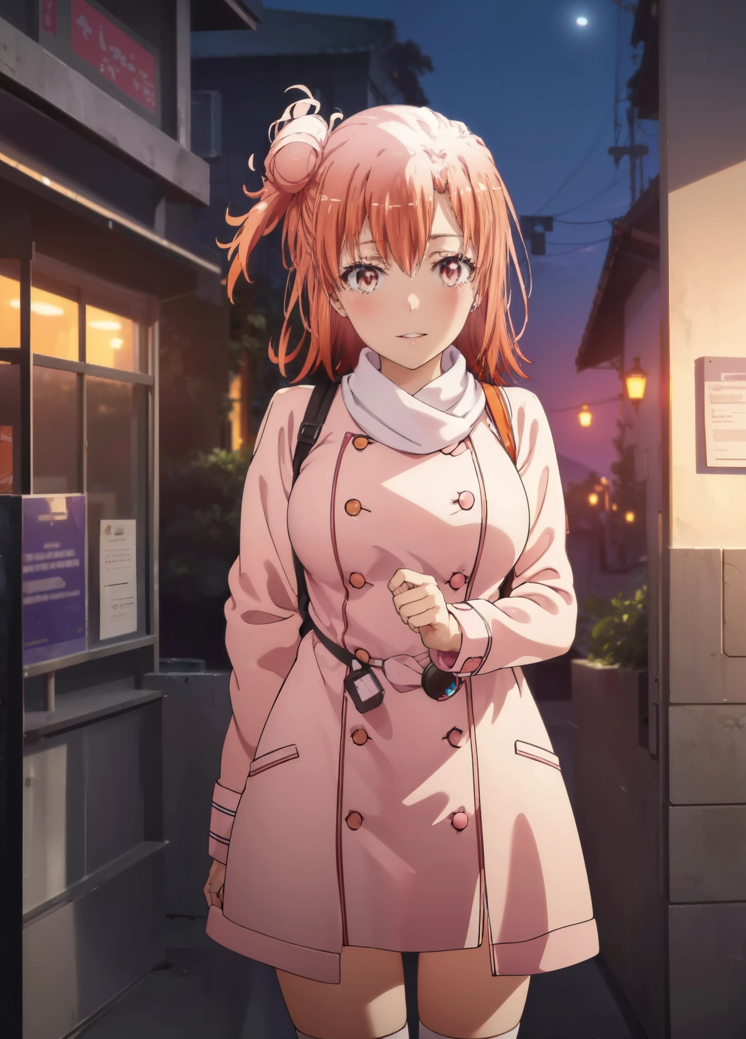 yuiyuigahama, yui yuigahama, long hair, (pink eyes:1.5), (orange hair:1.2), bun hair, single bun hair,blush, smile, (big breasts:1.2),red muffler,Pink long coat　Open the button,white sweater,Short Band,black knee high socks,short boots,evening,sunset,
break outdoors,city,building street,
break looking at viewer,whole body,peek from above, (cowboy shot:1.5),
break (masterpiece:1.2), highest quality, High resolution, unity 8k wallpaper, (shape:0.8), (beautiful and detailed eyes:1.6), highly detailed face, perfect lighting, Very detailed CG, (perfect hands, perfect anatomy),