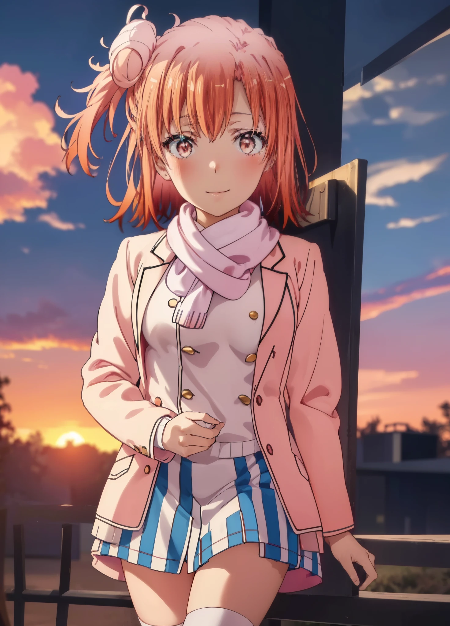 yuiyuigahama, yui yuigahama, long hair, (pink eyes:1.5), (orange hair:1.2), bun hair, single bun hair,blush, smile, (big breasts:1.2),red muffler,Pink long coat　Open the button,white sweater,Short Band,black knee high socks,short boots,evening,sunset,
break outdoors,city,building street,
break looking at viewer,whole body,peek from above, (cowboy shot:1.5),
break (masterpiece:1.2), highest quality, High resolution, unity 8k wallpaper, (shape:0.8), (beautiful and detailed eyes:1.6), highly detailed face, perfect lighting, Very detailed CG, (perfect hands, perfect anatomy),