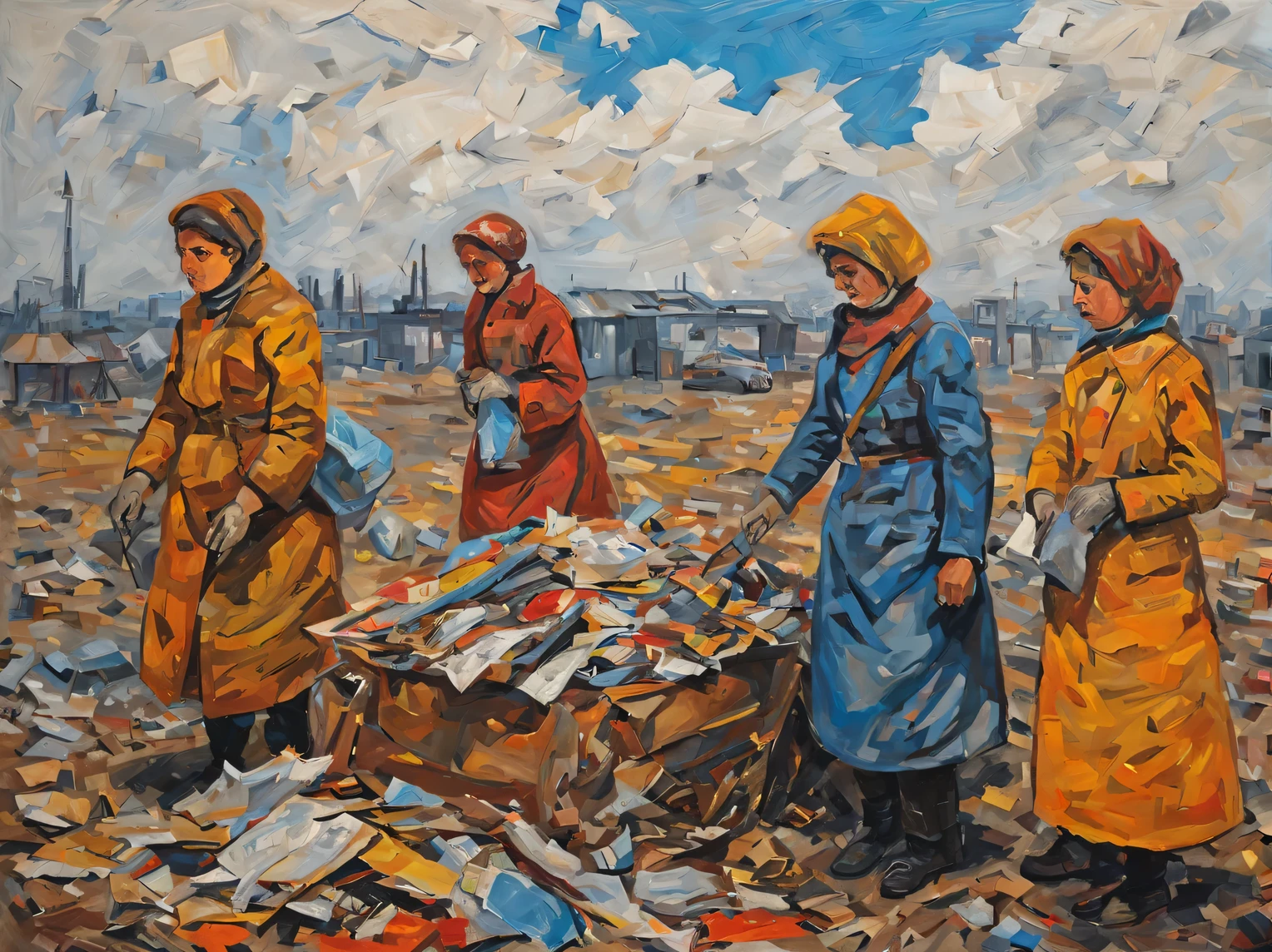 Oil painting on canvas in the style of artist Zoya Cherkasskaya-Nnadi., Soviet pioneers of the 1980s era collect waste paper and scrap metal., a high resolution, high detail, high contrast, full compliance with the style of Zoya Cherkasskaya-Nnadi