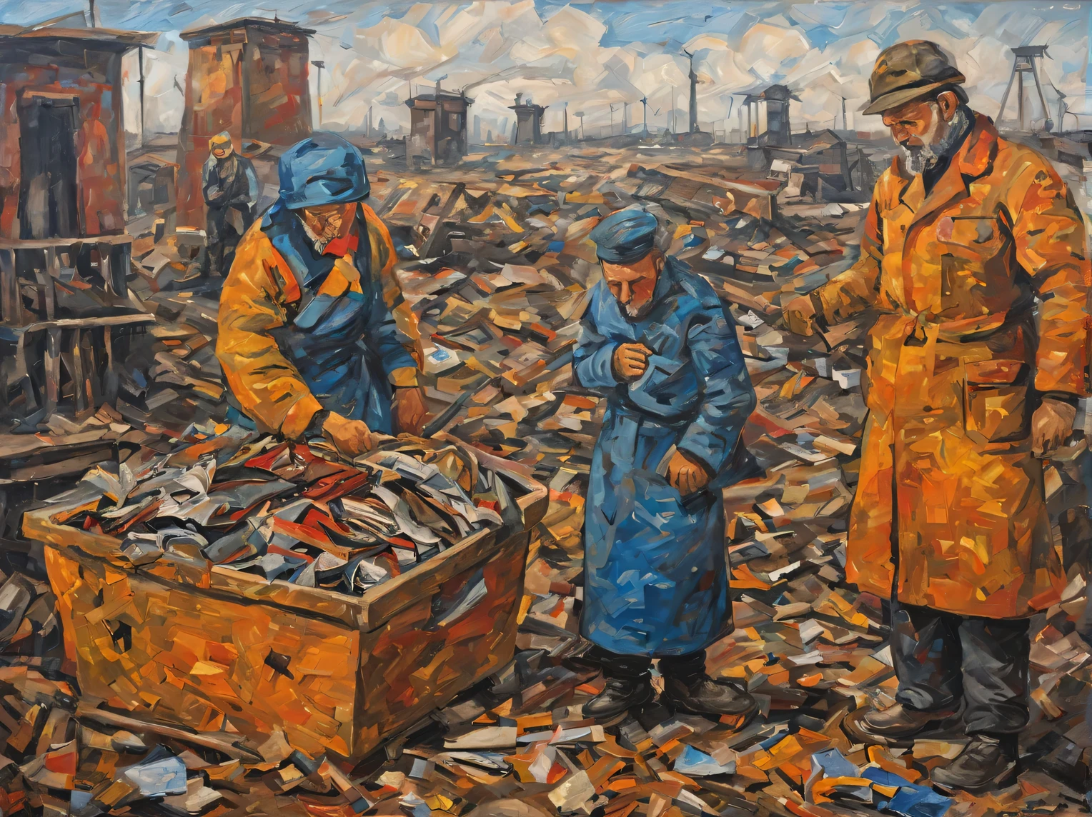 Oil painting on canvas in the style of artist Zoya Cherkasskaya-Nnadi., Soviet pioneers of the 1980s era collect waste paper and scrap metal., a high resolution, high detail, high contrast, full compliance with the style of Zoya Cherkasskaya-Nnadi