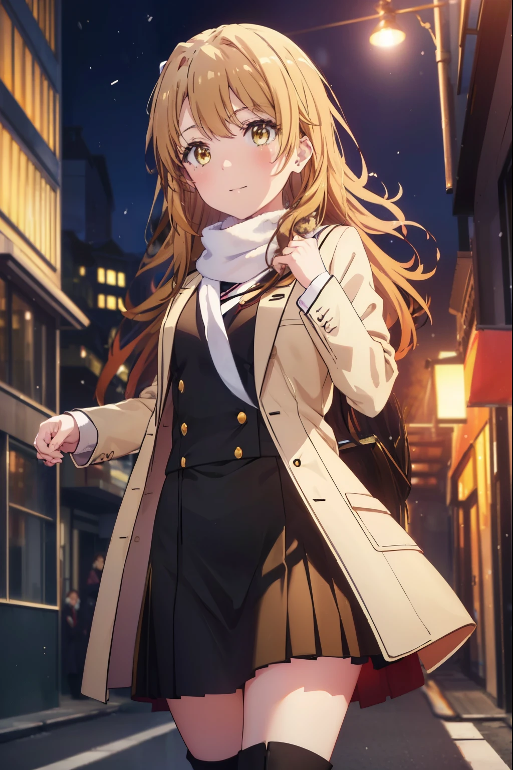 irohaisshiki, Isshiki Iroha, long hair, brown hair, (brown eyes:1.5), smile,blush,yellow long coat,sweater,red muffler,black long skirt,black tights,short boots,winter,It's snowing,
break outdoors, In town,building street,
break looking at viewer,
break (masterpiece:1.2), highest quality, High resolution, unity 8k wallpaper, (figure:0.8), (beautiful and fine eyes:1.6), highly detailed face, perfect lighting, Very detailed CG, (perfect hands, perfect anatomy),