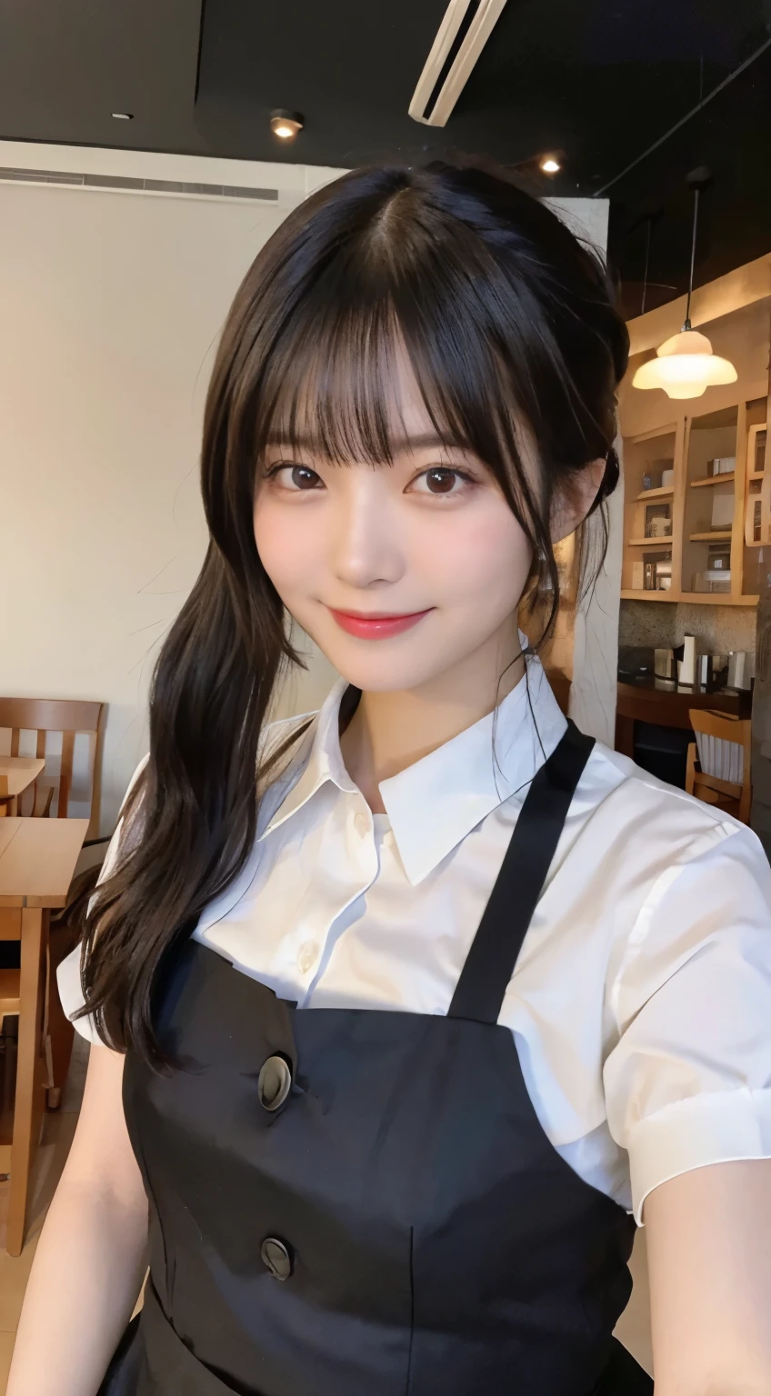 (highest quality,masterpiece:1.3,ultra high resolution,),(Super detailed,caustics),(Photoreal:1.4,RAW shooting,)ultra-realistic capture,very detailed,High resolution 16K human skin close-up。 natural skin texture、,The pores are、、、Must be detailed enough to be easily identified。 Skin should look even-toned and healthy。 Use natural light and color,restaurant,Waitress Uniform,1 girl,Japanese,18-year-old,cute,black haired,ponytail,big breasts,smile,turn your body forward,(Front view:1.1),look at the camera,cowboy shot,