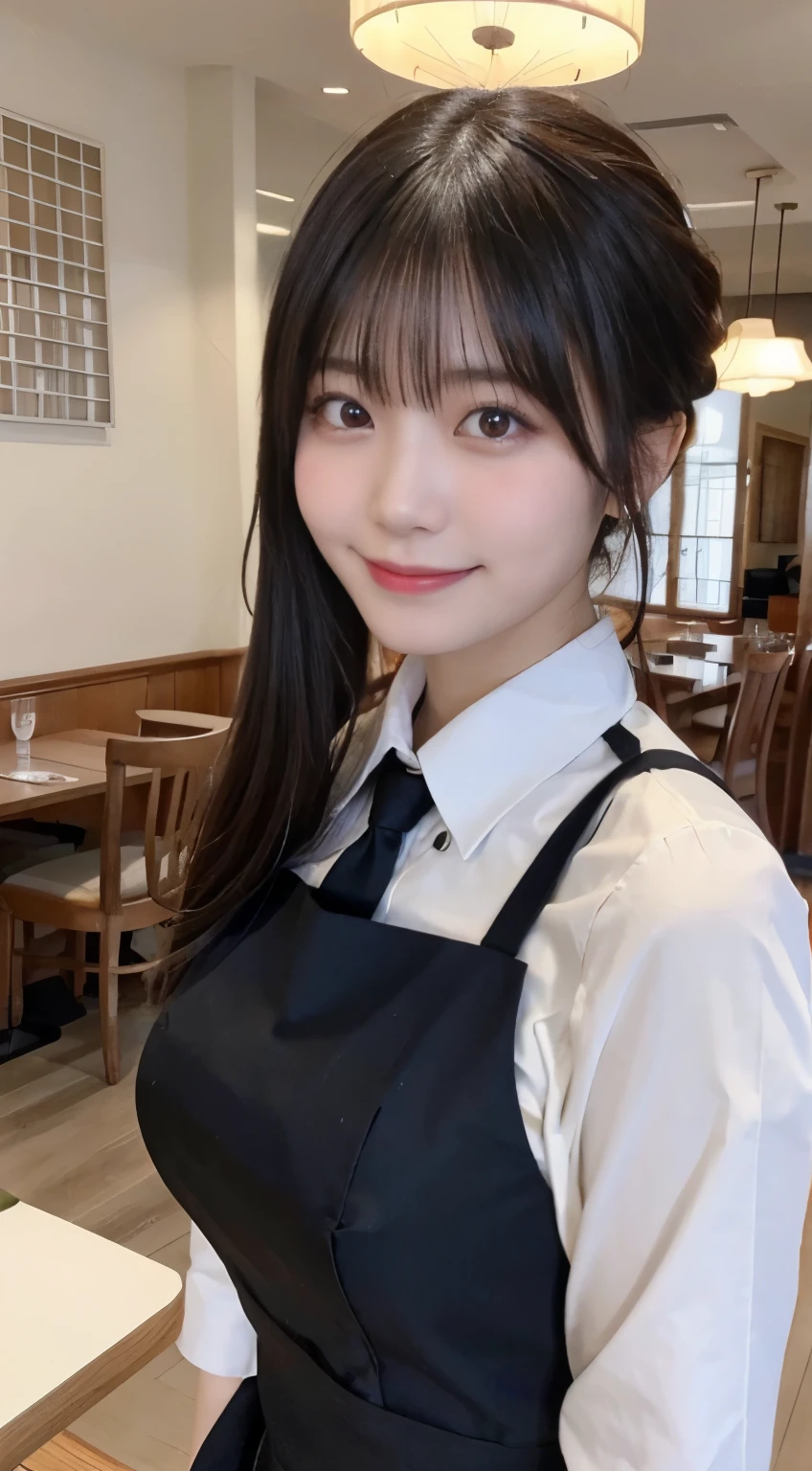 (highest quality,masterpiece:1.3,ultra high resolution,),(Super detailed,caustics),(Photoreal:1.4,RAW shooting,)ultra-realistic capture,very detailed,High resolution 16K human skin close-up。 natural skin texture、,The pores are、、、Must be detailed enough to be easily identified。 Skin should look even-toned and healthy。 Use natural light and color,restaurant,Waitress Uniform,1 girl,Japanese,18-year-old,cute,black haired,ponytail,big breasts,smile,turn your body forward,(Front view:1.1),look at the camera,cowboy shot,