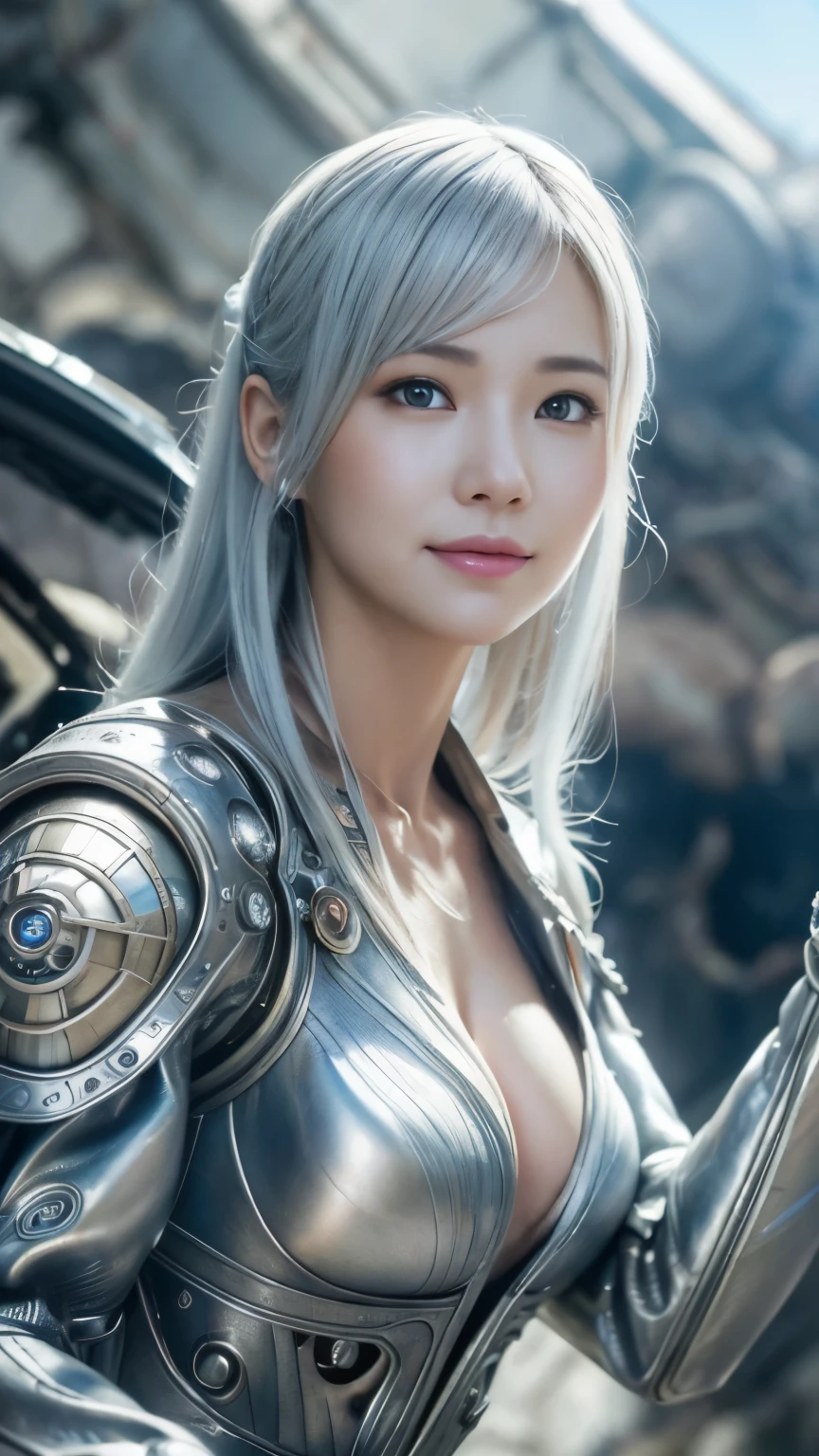 ((top quality)),(Super high resolution),(super detailed),(detailed description),((best anime)),(best work of art),(super precision art),(amazing art of depiction,Overwhelming descriptive power:1.5),(Intricate and detailed science fiction art:1.6), (adult women:1.5),tight suit:1.5, (Mechanical Horse:1.5,), ((A devastated worldview:1.7)),cleavage、beautiful eyes、3D rendering、smile、silver hair