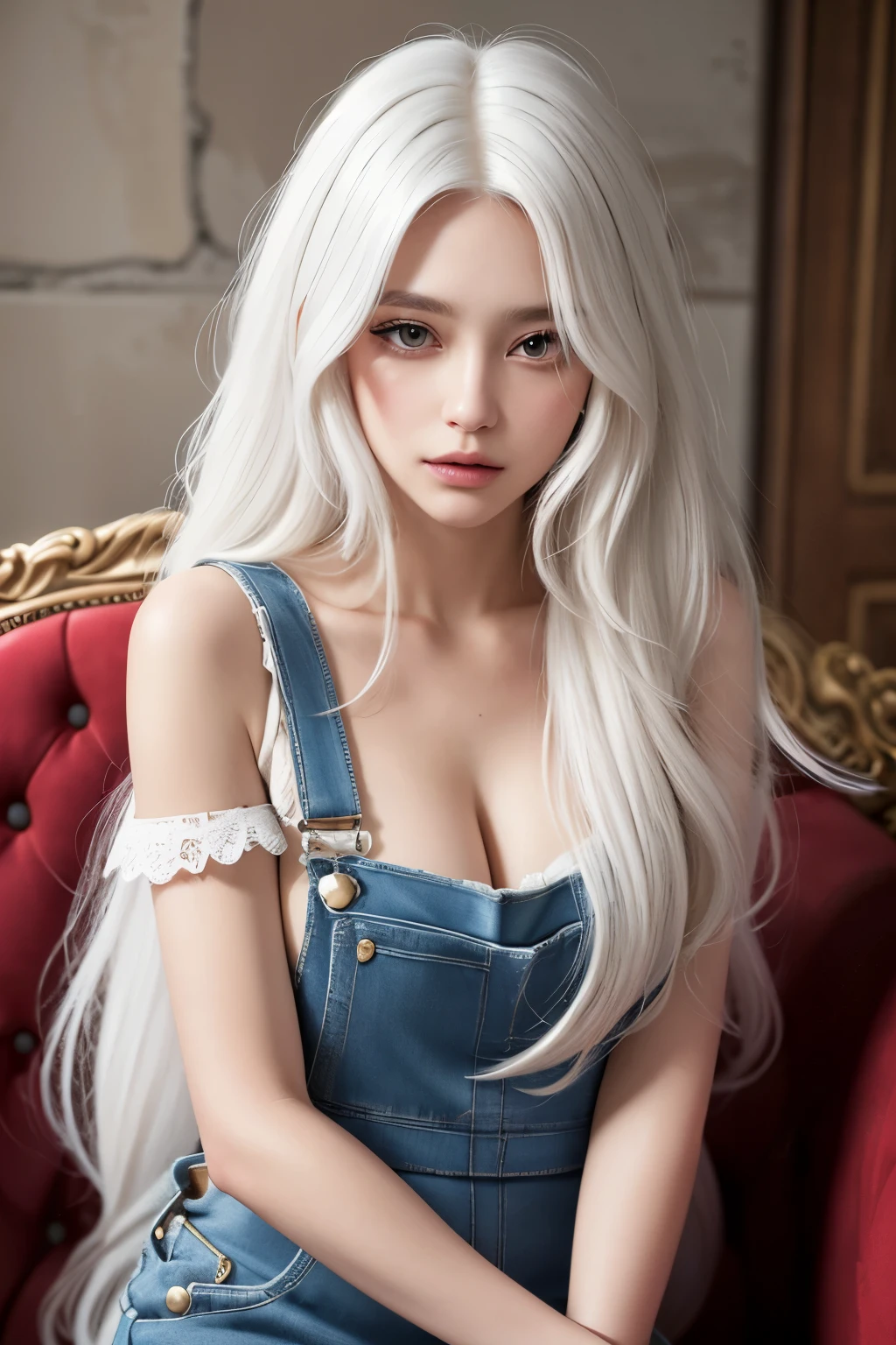Masterpiece, best quality, super detailed, a sexy lingerie model, beautiful face, rich intricate details, (long white hair), perfect face, overalls, sitting, close-up, shabby sofa, detailxl