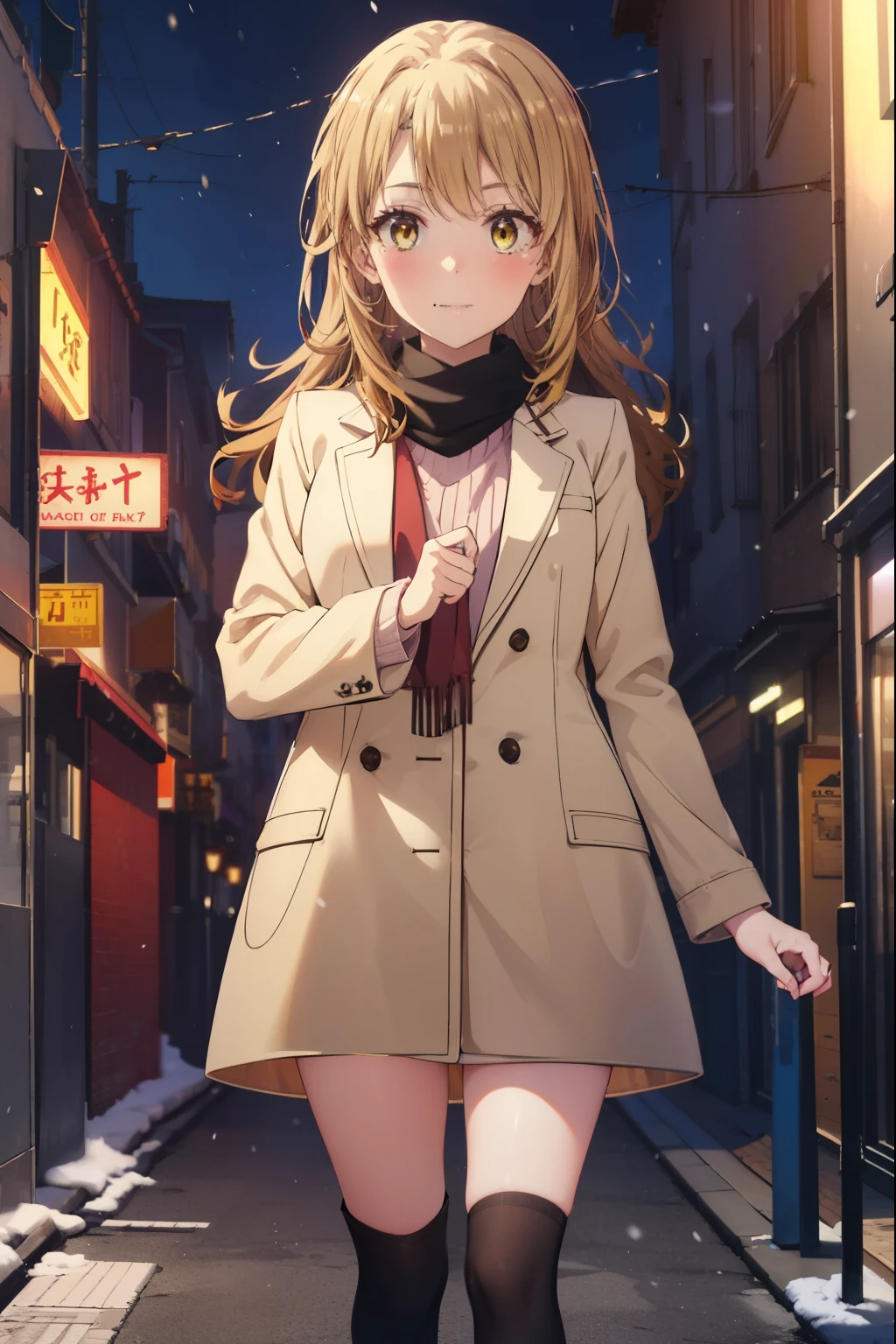irohaisshiki, Isshiki Iroha, long hair, brown hair, (brown eyes:1.5), smile,blush,yellow long coat,sweater,red muffler,black long skirt,black tights,short boots,winter,It's snowing,
break outdoors, In town,building street,
break looking at viewer,
break (masterpiece:1.2), highest quality, High resolution, unity 8k wallpaper, (figure:0.8), (beautiful and fine eyes:1.6), highly detailed face, perfect lighting, Very detailed CG, (perfect hands, perfect anatomy),
