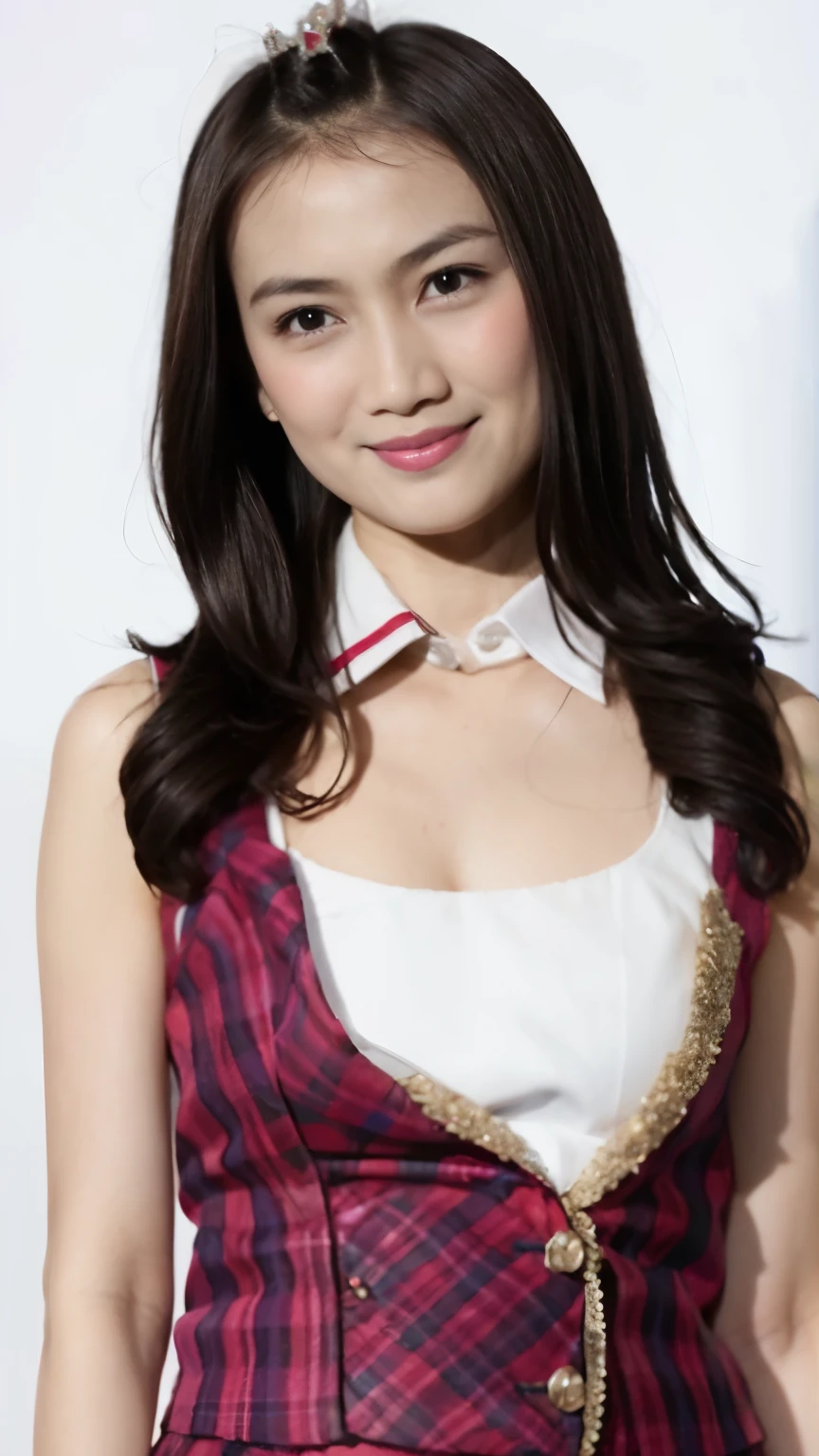 photo of a girl,  jkt48 uniform, solo focus, hand on hips, posing for a photo, (detailed face), simple white background, melodyjkt48, sexy outfit, tank top
