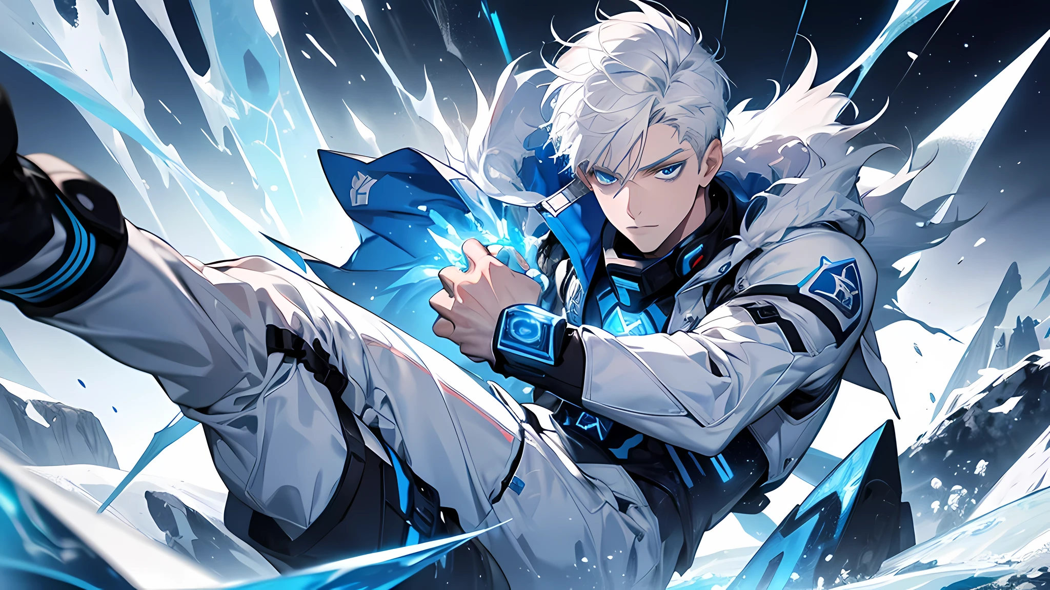 white man with short white hair and blue eyes, on the ice of Antarctica, with ice power in his hands and a blue aura around him and with a black combat suit, covering his body up to his neck, perfect face, perfect eyes, detailed eyes, ice cubes in hand