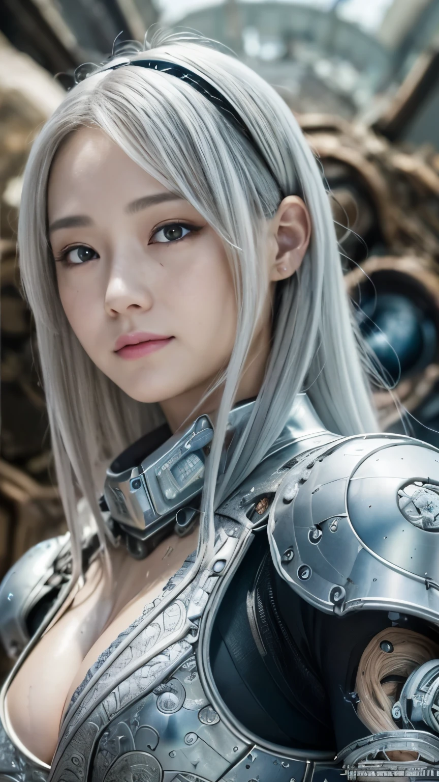 ((top quality)),(Super high resolution),(super detailed),(detailed description),((best anime)),(best work of art),(super precision art),(amazing art of depiction,Overwhelming descriptive power:1.5),(Intricate and detailed science fiction art:1.6), (adult women:1.5),tight suit:1.5, (Mechanical Horse:1.5,), ((A devastated worldview:1.7)),cleavage、beautiful eyes、3D rendering、smile、silver hair