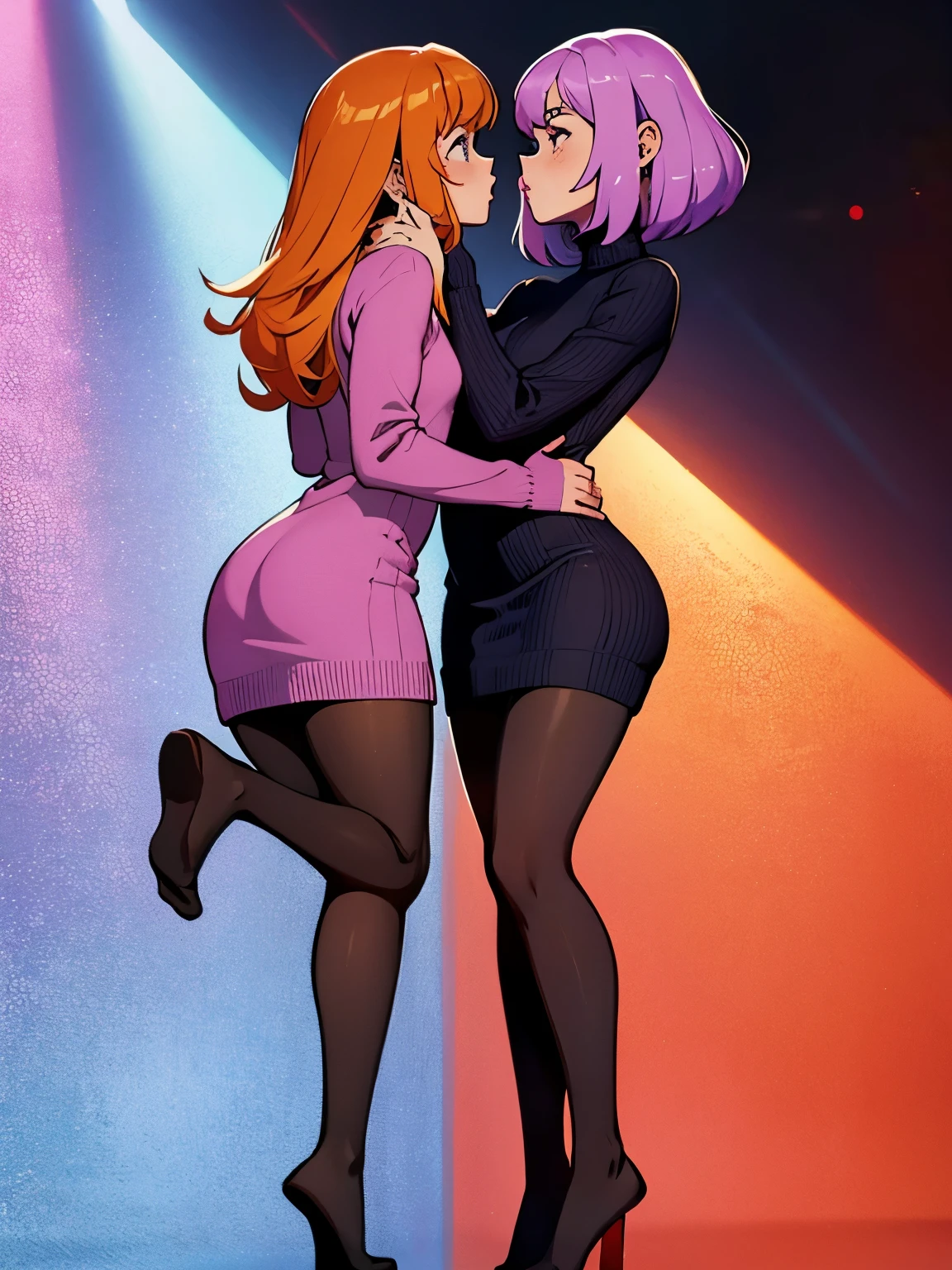 Show entire body, feet in view, Velma and Daphne, sweater dresses, both wearing pantyhose, no shoes, kissing