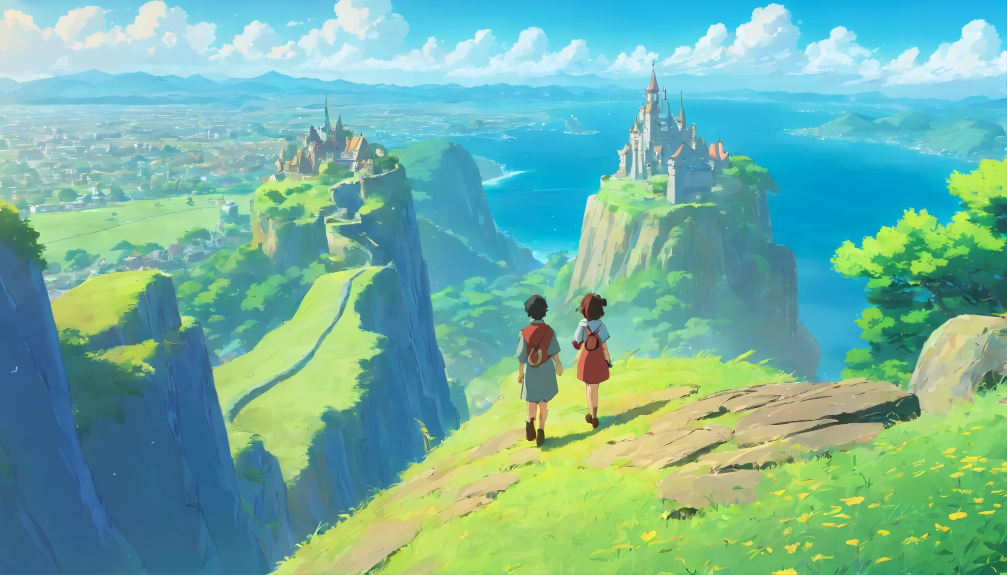 anime scene of two people standing on a cliff with a view of a valley, ross tran. scenic background, anime scenery concept art, makoto shinkai cyril rolando, castle in the sky style, krenz cushart and wenjun lin, wide angle fantasy art, 2. 5 d cgi anime fantasy artwork, castle in the sky