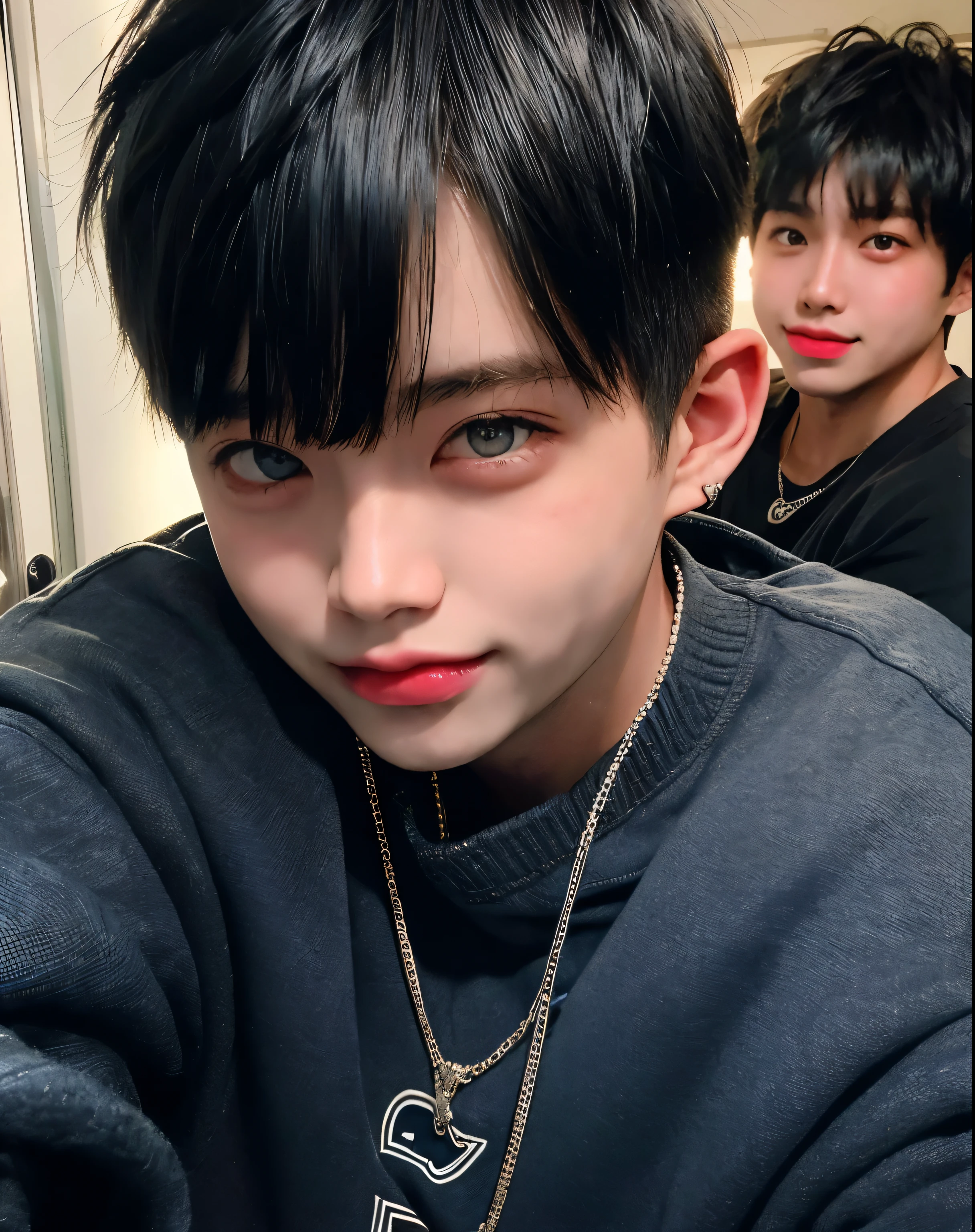 smile、2 men、Beautiful boy absurd masterpiece HDR high quality image , handsome face, detailed face, shy smile、((open your mouth and smile))、look up、blue hair , very short hair, ((messy cut hairstyle:1 )) , gray eyes, white skin , ((muscular:1)),masculine ,age 18 , 

Wearing the student varsity team, topless , The man sits comfortably with his legs spread&#39;locker room, beautiful background, masterpiece scenery